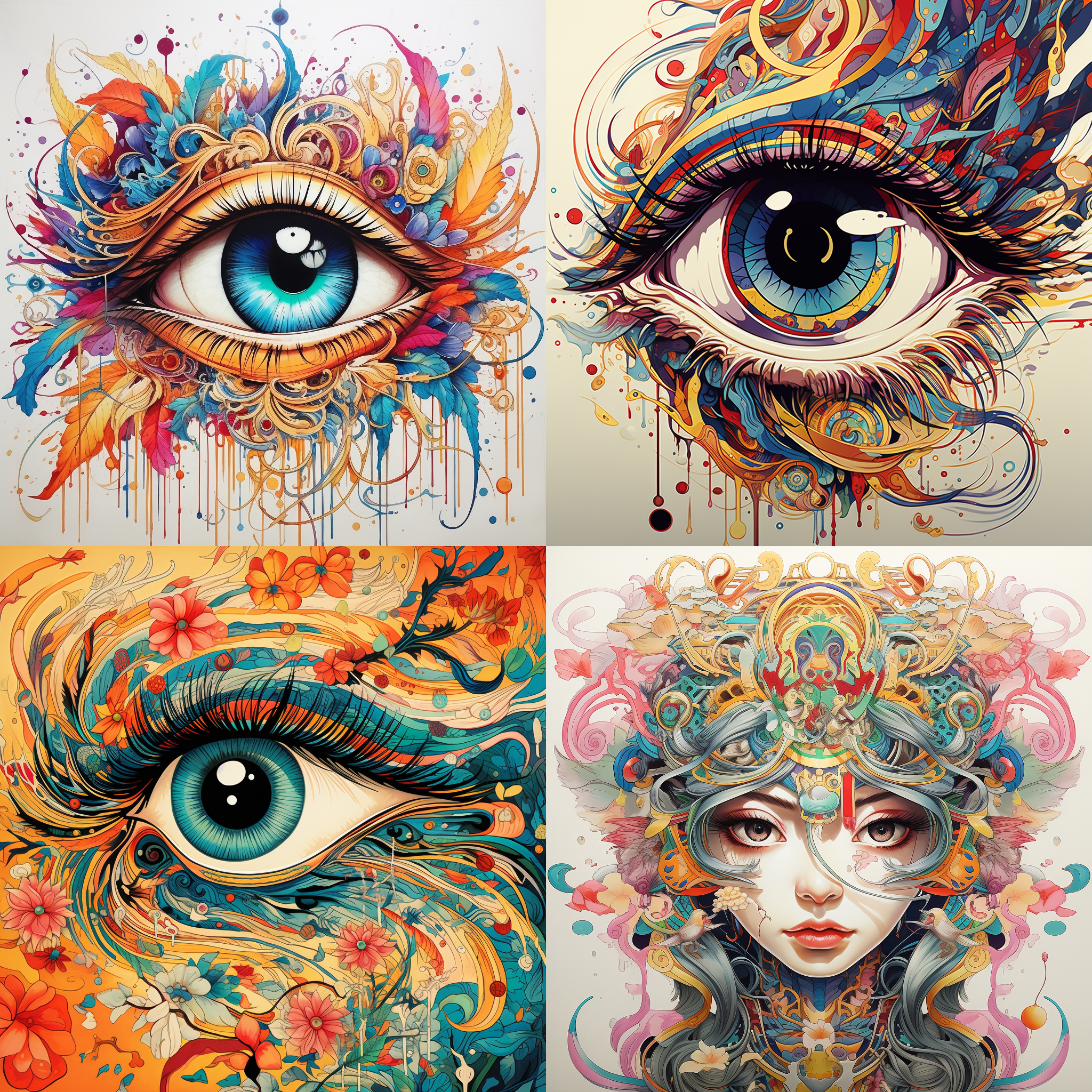 国风眼睛创意，色彩和谐，线描风格，a3尺寸，眼睛内部世界，大胆创意，细节丰富，暖色调，神秘感。