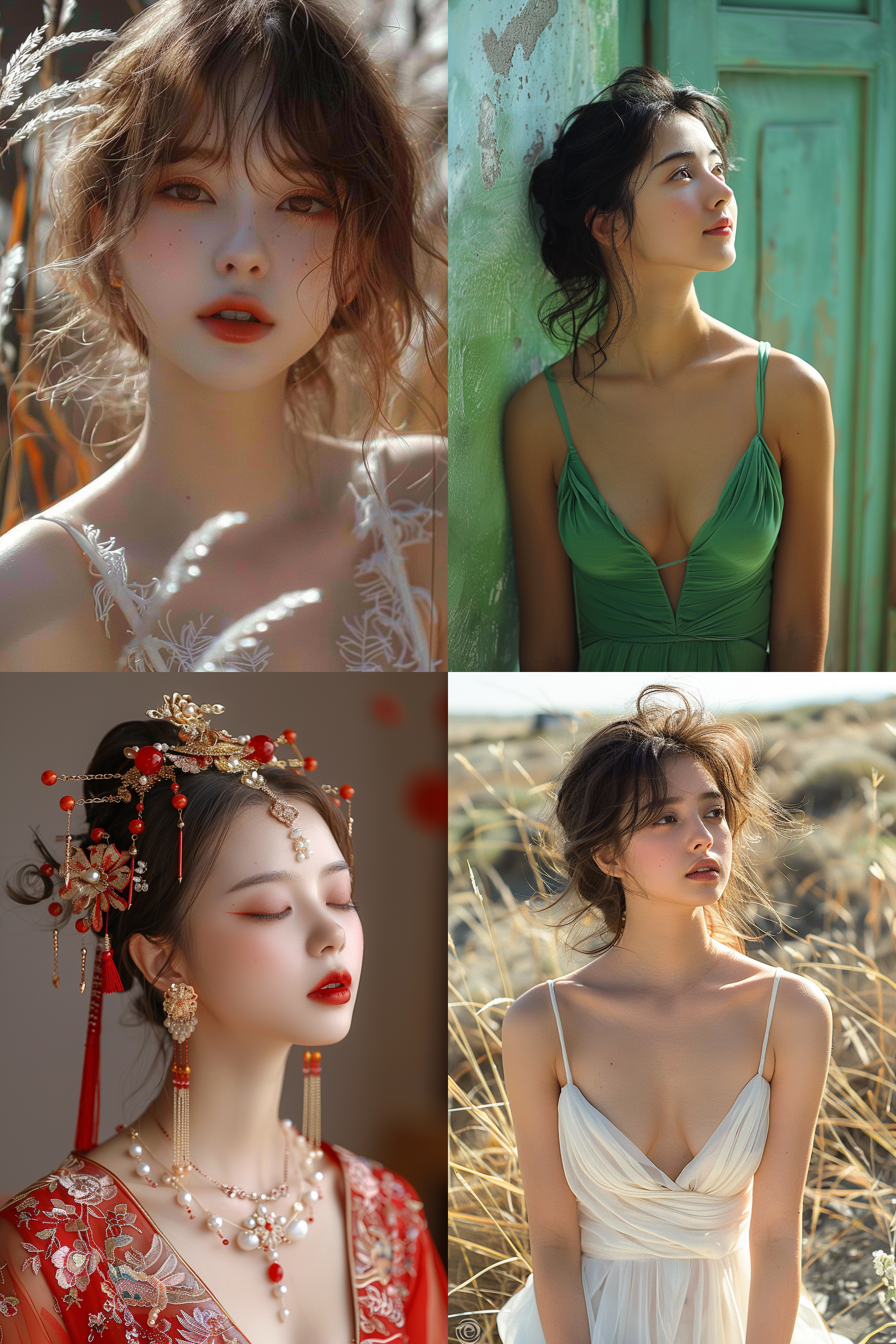 年轻女性精卫填海，古代服饰，8k高清，清晰面部表情，高饱和度，大光圈，室外山水，暖色调，柔和侧光，抬头仰望，坚毅。