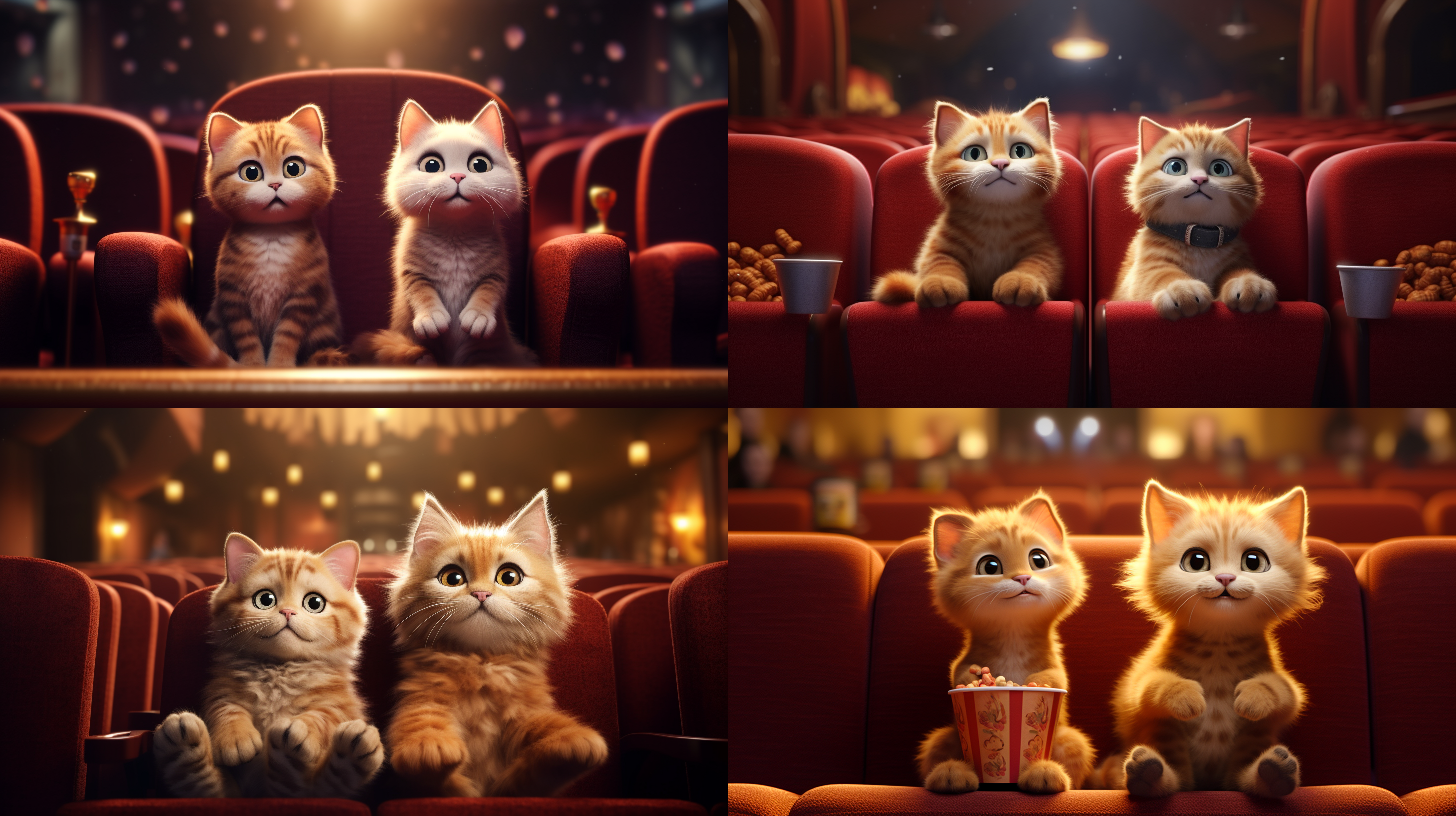 two little cats are watching a movie in the cinema, pixar style, cartoonish. warm, warm. cat watching, distant view, panoramic view, backlight, soft lighting, rich colors, exaggerated expressions, funny, compact plot, dynamic.