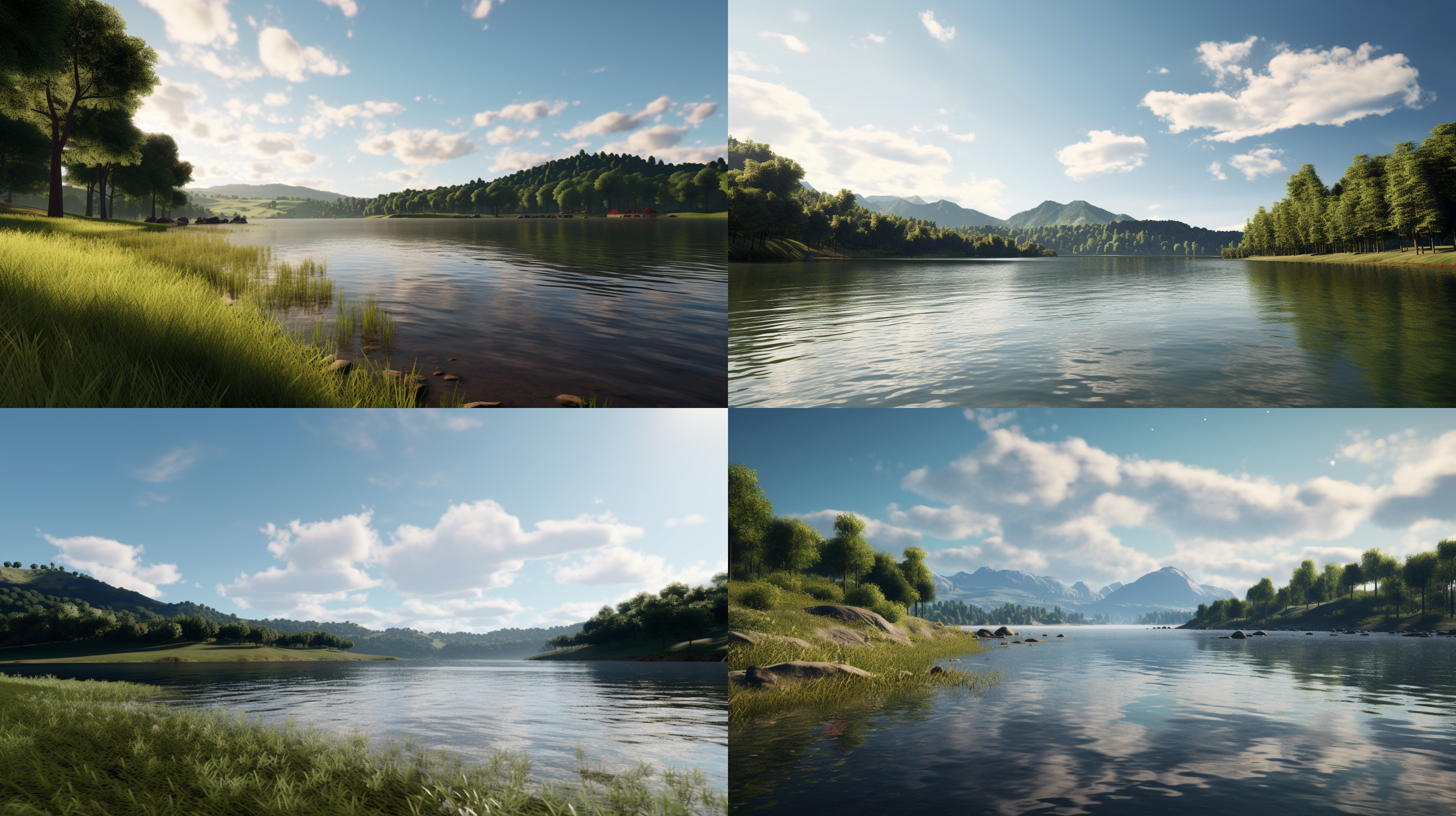 湖边清新自然，远处是青山绿树，天空白云飘过。自然光线下，柔和色调，中景构图，微风吹拂长发。柔焦镜头，自然光，宁静。最好的质量,使用虚幻引擎的效果. 湖边风光，柔和色调，中景构图，微风拂过，宁静，虚幻引擎效果。