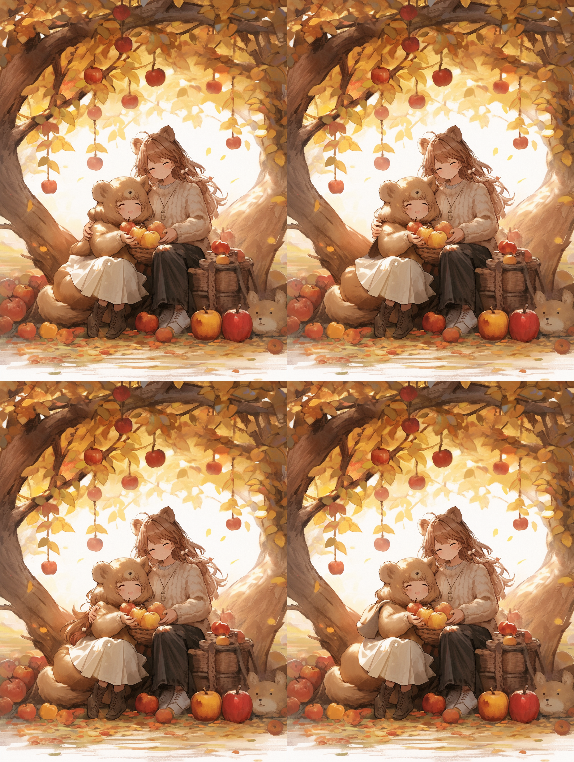 深秋，慵懒，红苹果树，微风，飘落树叶，秋千，杏色泰迪狗，温馨，唯美，插画风格，红黄色，鱼眼镜头，高质量画面，简洁细节。