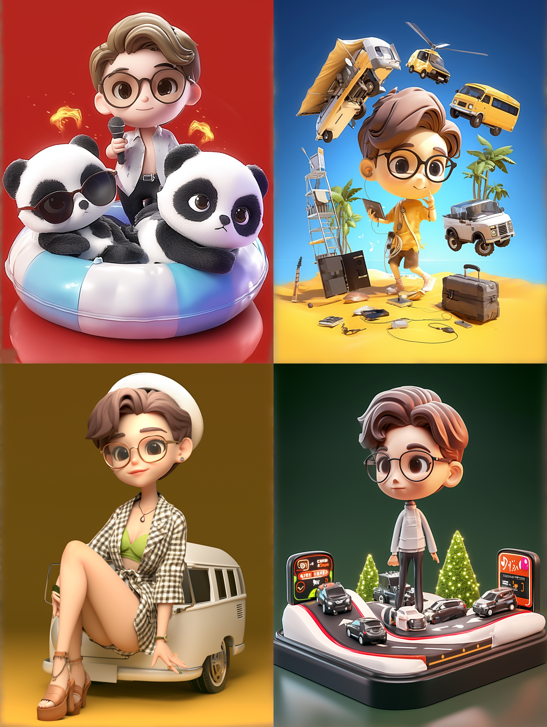 盲盒风格，泡泡玛特，夏季场景，3d 角色，连接性，可爱的，旅行广告，正在播放音乐，游牧，30 岁，c4d，8k