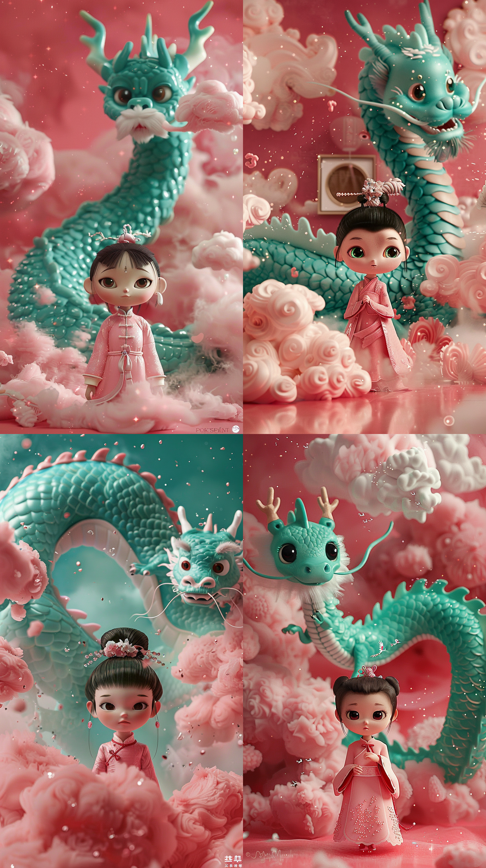 5d cgi动漫奇幻艺术作品，道袍，粉彩色调，背景中有龙，octane渲染，pixar和disney动画，粉白绿色调，艺术电影美学，龙女王，超现实cgi，jake parker作品，少女与云朵，粘土制作，artstation。
