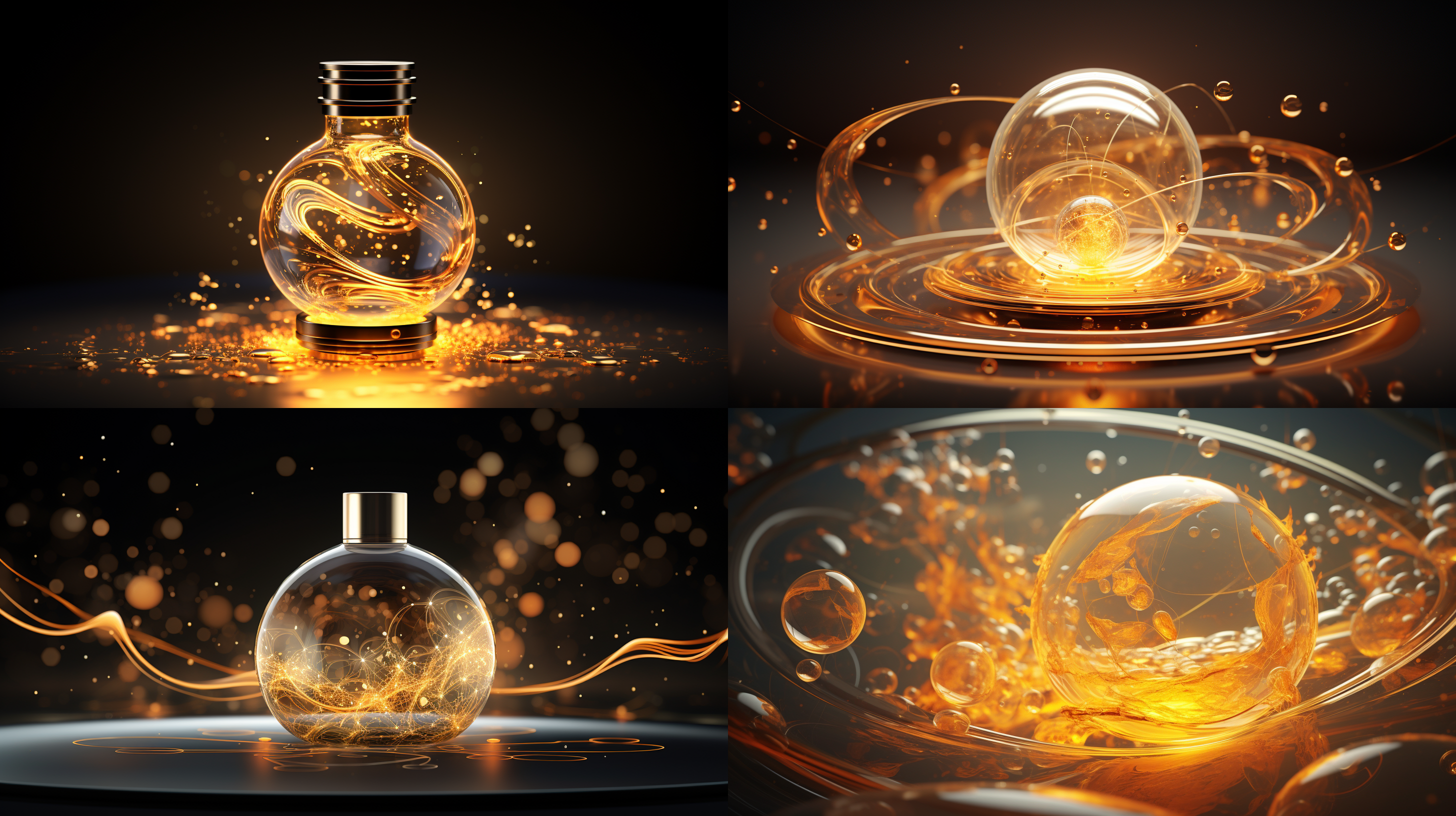 透明细胞精华，漂浮在油泡拉丝背景上，辉光和光斑的映衬下，粒子光效在周围闪烁。背景是浅金色，32k分辨率下逼真超细渲染，呈现出创新页面设计的感觉。材料精致，使用了c4d和oc渲染技术，没有任何人工痕迹。