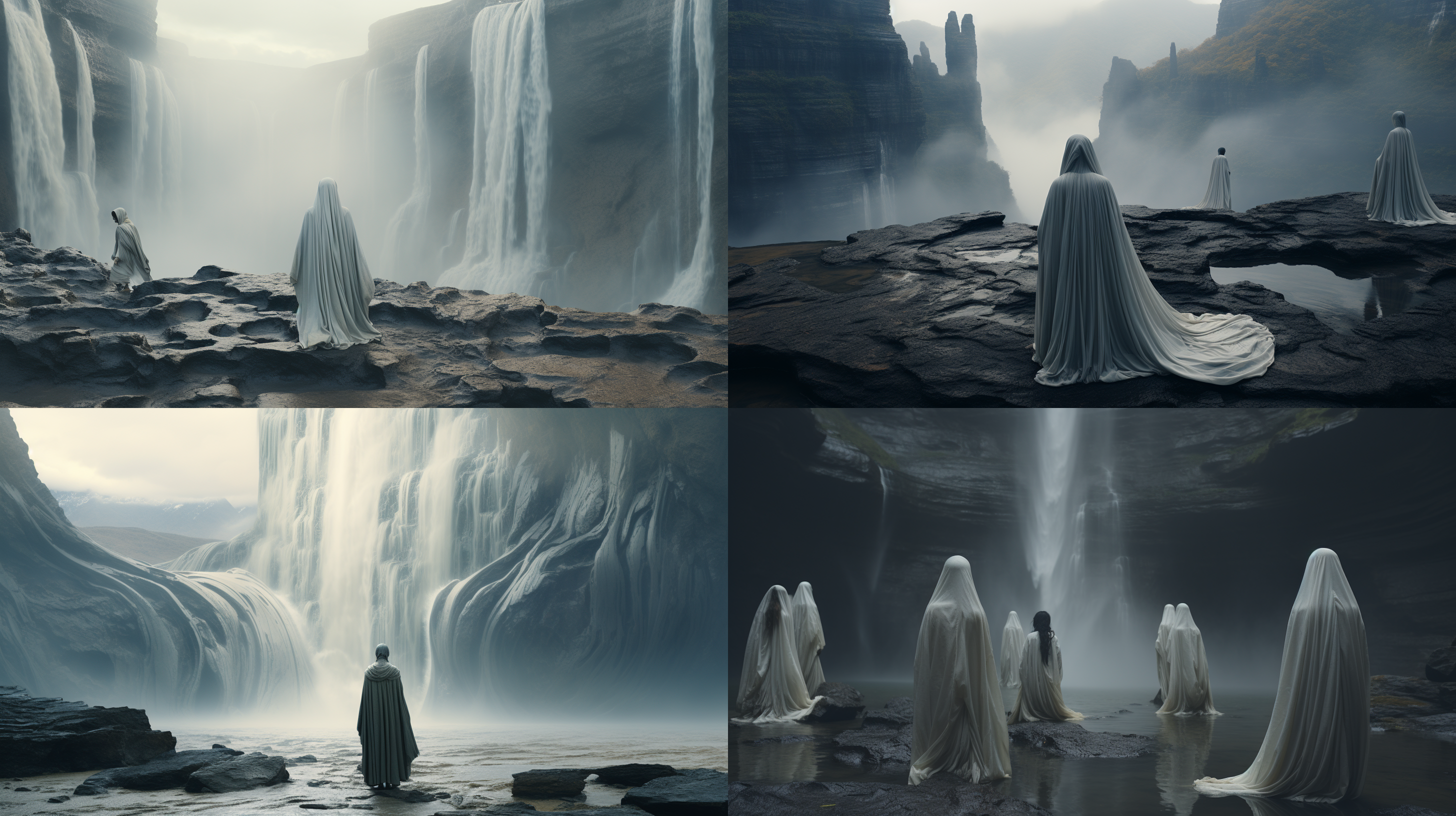 高山瀑布，白袍诗人，未来；科技飞船；白色纱布衣裳，透明、神秘，背景占据大部分空间，8k和16k超高清画质，广角镜头，对比度强，光影效果，震撼，宏伟，神秘。
