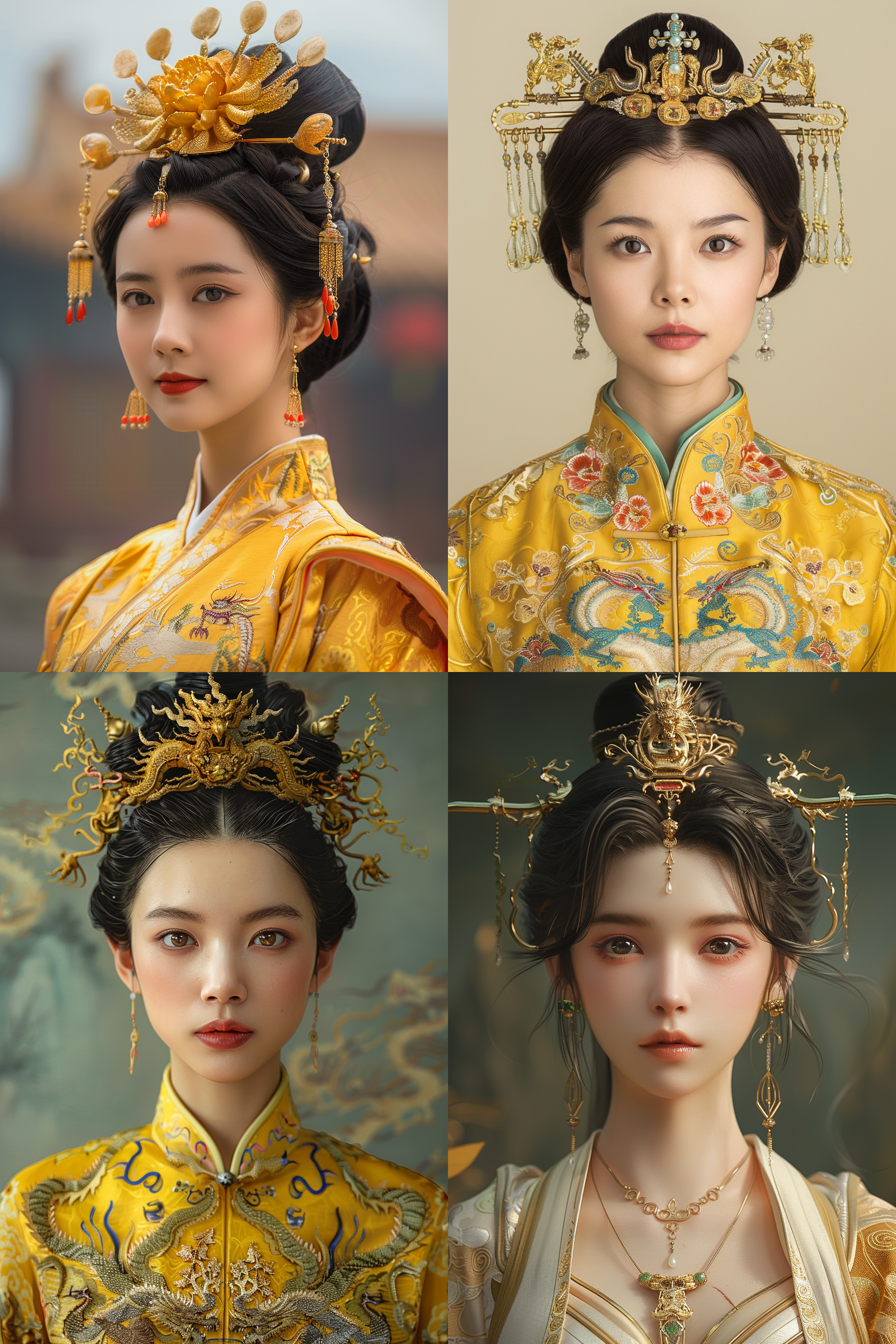 清朝女皇后刘亦菲, 黑发金冠, 庄严表情, 黄袍金龙, 微风飘逸, 4k高清画质, 半身像, 壮丽景观, 中国古典元素, 光影交错, 肖像摄影, 细节生动, 传统服饰, 雕龙画凤, 仪态万方, 红色元素, 拍摄技巧。