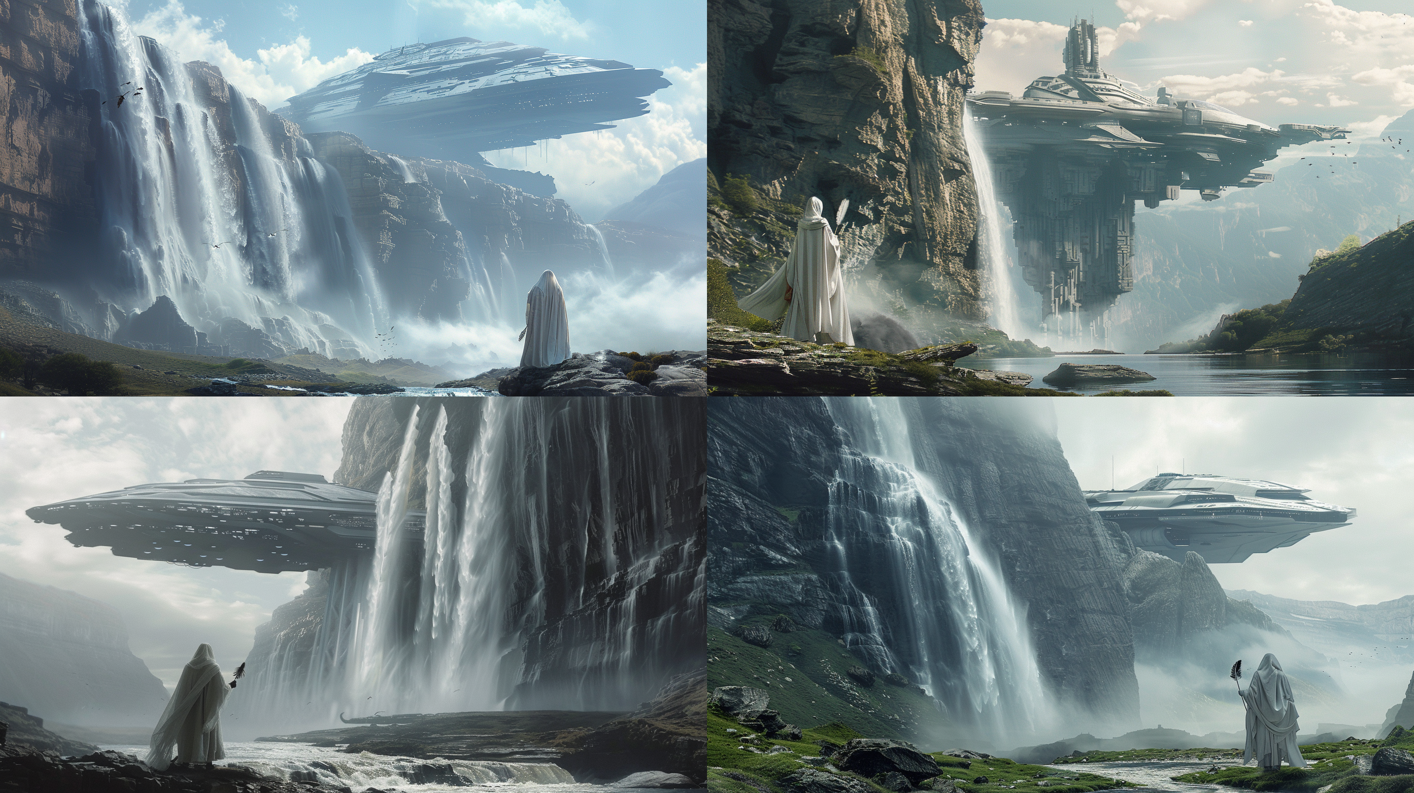 高山瀑布倾泻而下，一位身穿白袍的诗人站在水边，手持羽毛笔，凝视着远方。背景是一艘未来科技飞船，气势磅礴。诗人身着透明、神秘的白色纱布衣裳，给人一种超凡脱俗的感觉。画面采用8k和16k超高清画质，广角镜头，对比度强，光影效果独特。
