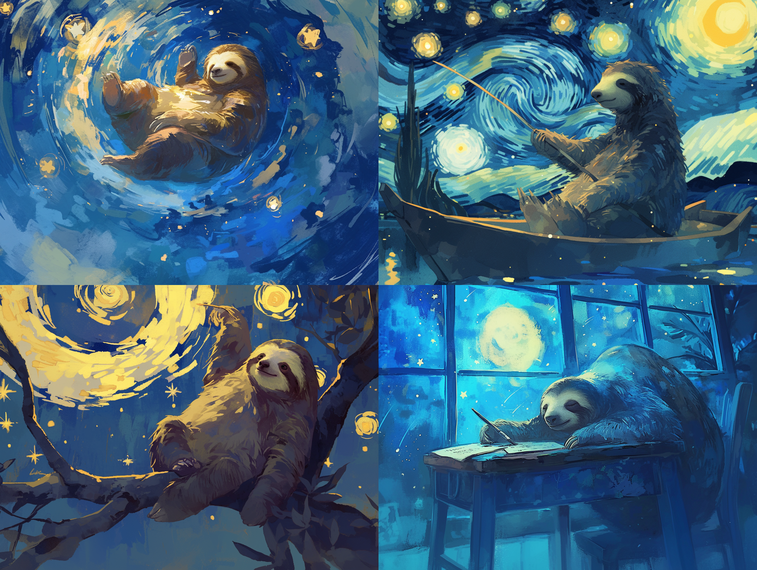 树懒在画画，深蓝，星空，梵高