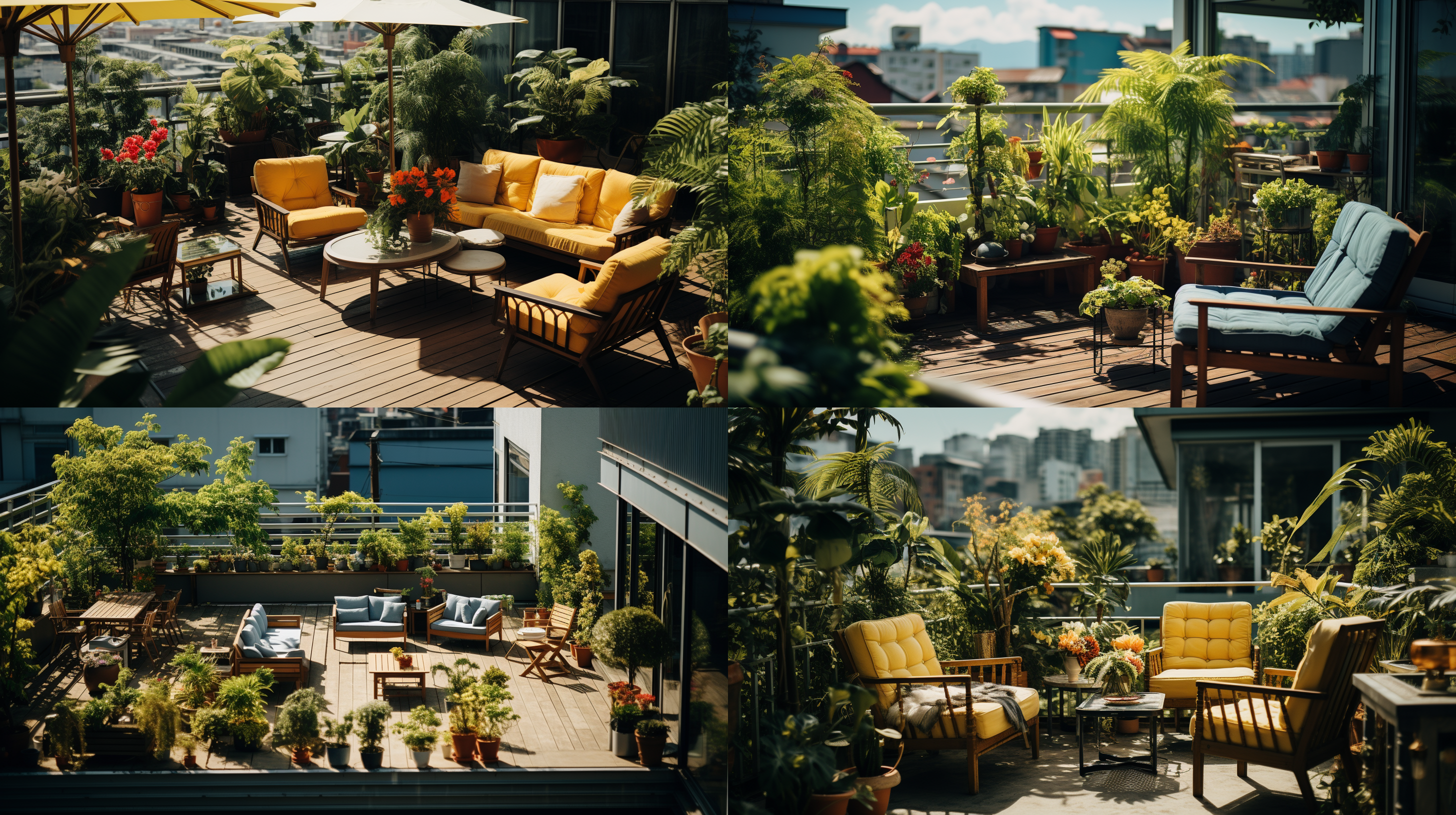 露台风景，俯视角度，自然光线，户外环境，植物装饰，现代风格，明亮色调，宽广镜头，静态，放松，真实照片，超高细节 摄影纪实 城市 明亮的 大卫林奇