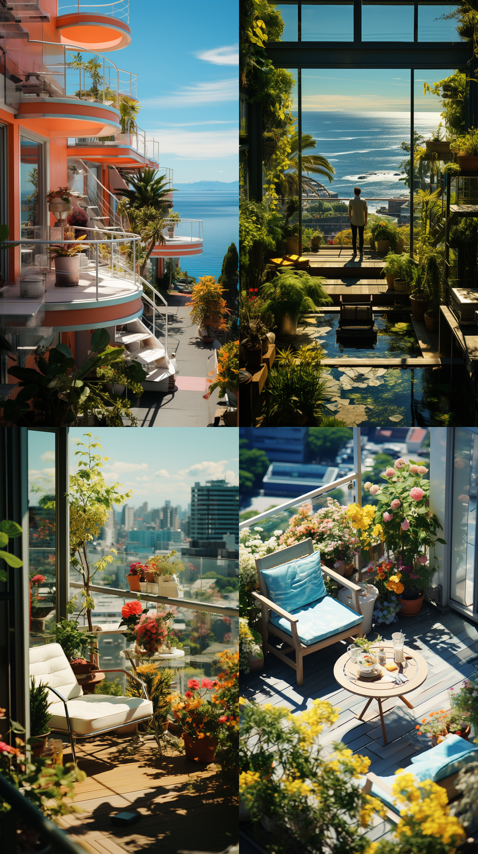 露台风景，俯视角度，自然光线，户外环境，少量植物，现代风格，明亮色调，宽广镜头，静态，放松，真实照片，超高细节 摄影纪实 城市 明亮的 大卫林奇，大面玻璃栏杆，透视出去是一片海洋，阳光明媚