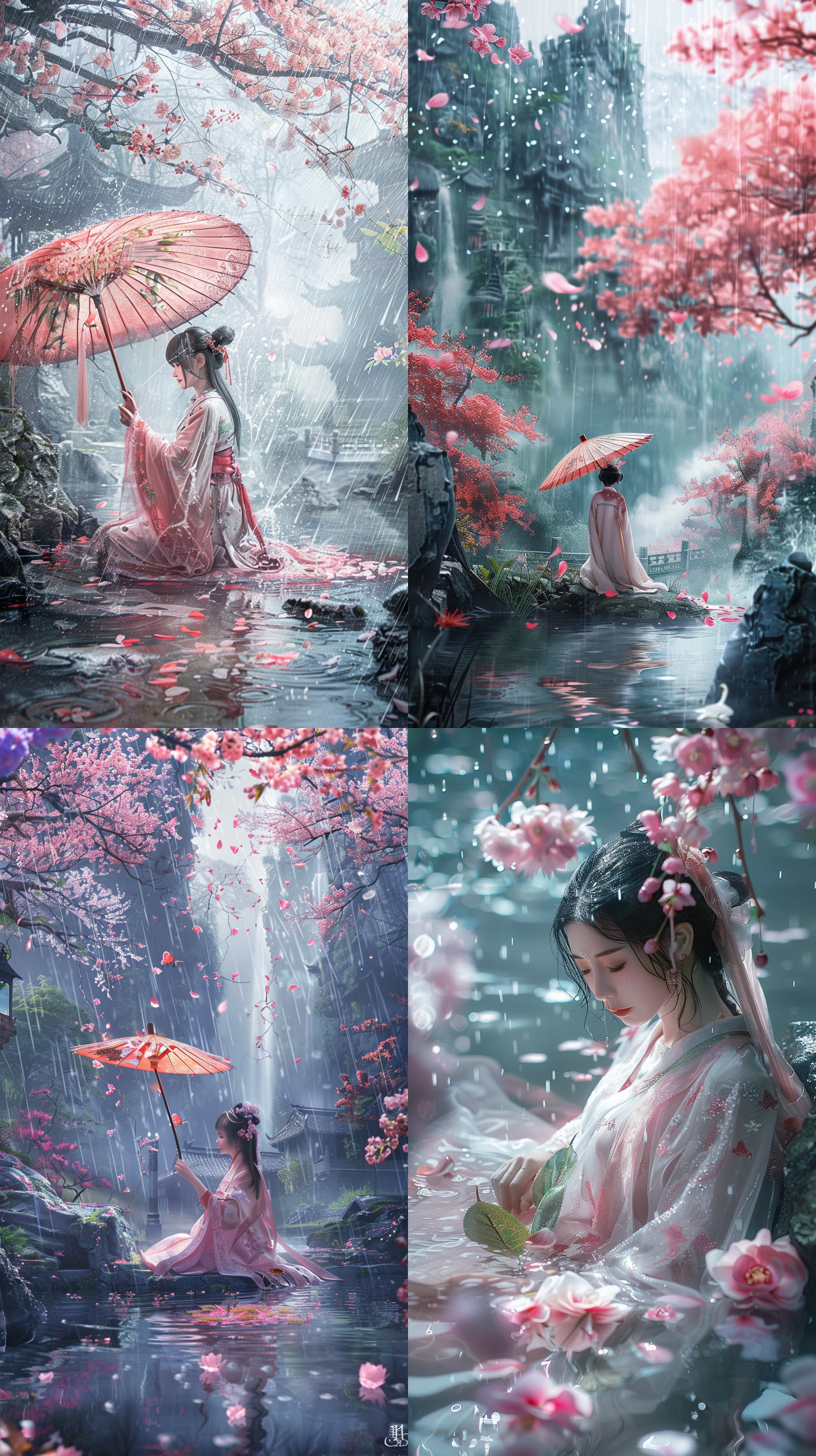 微缩景观风格，大雨中，一个中国姑娘用叶子挡雨，坐在大大的粉色樱花里在小河中漂流，光线感明亮，童话幻想，2.5d,高质量，杰作，细节精致。 远景透视