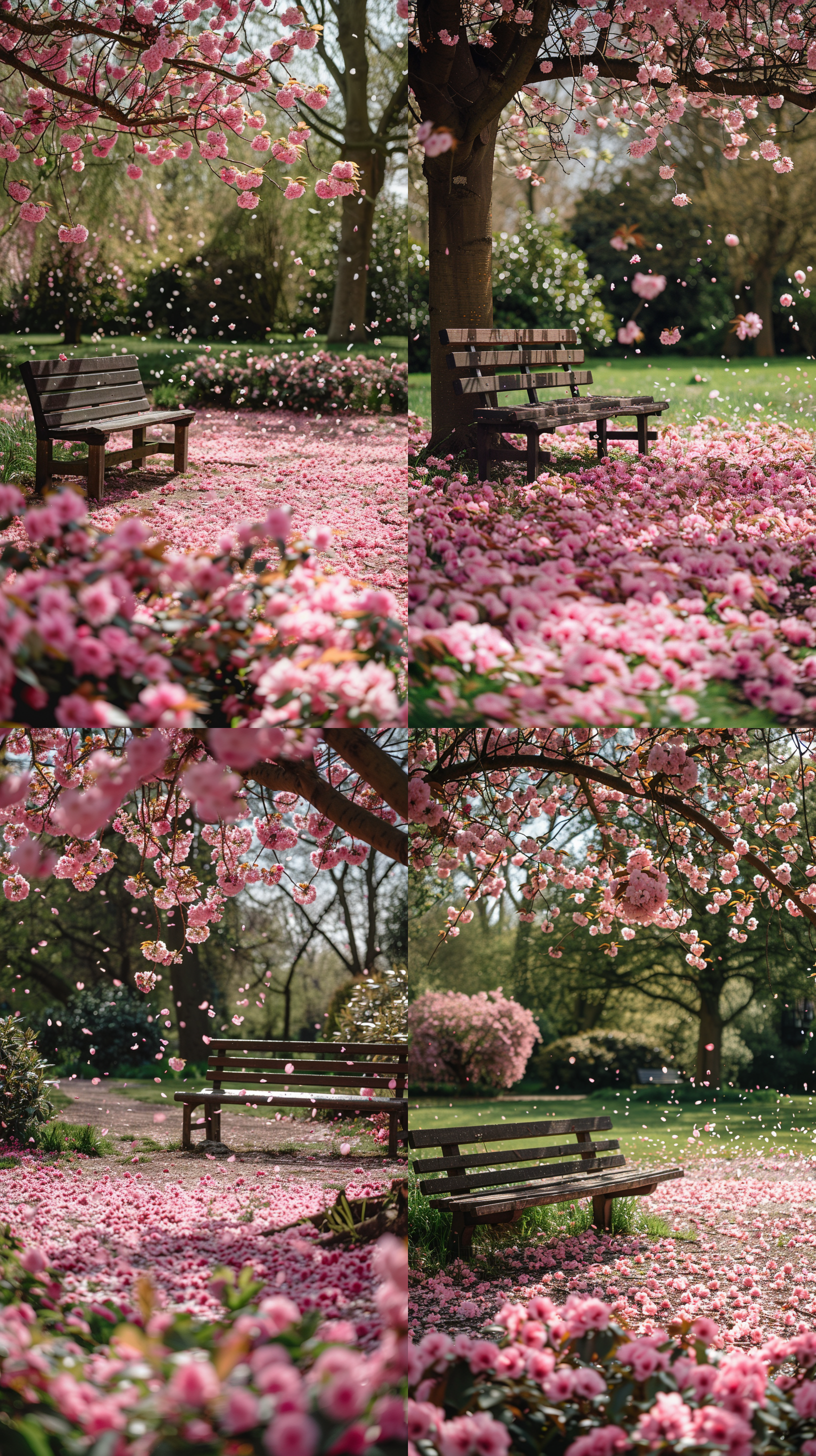 公园里一个樱花树下有一个空着的长椅，落花飞舞，暖色调，日系，写实主义，