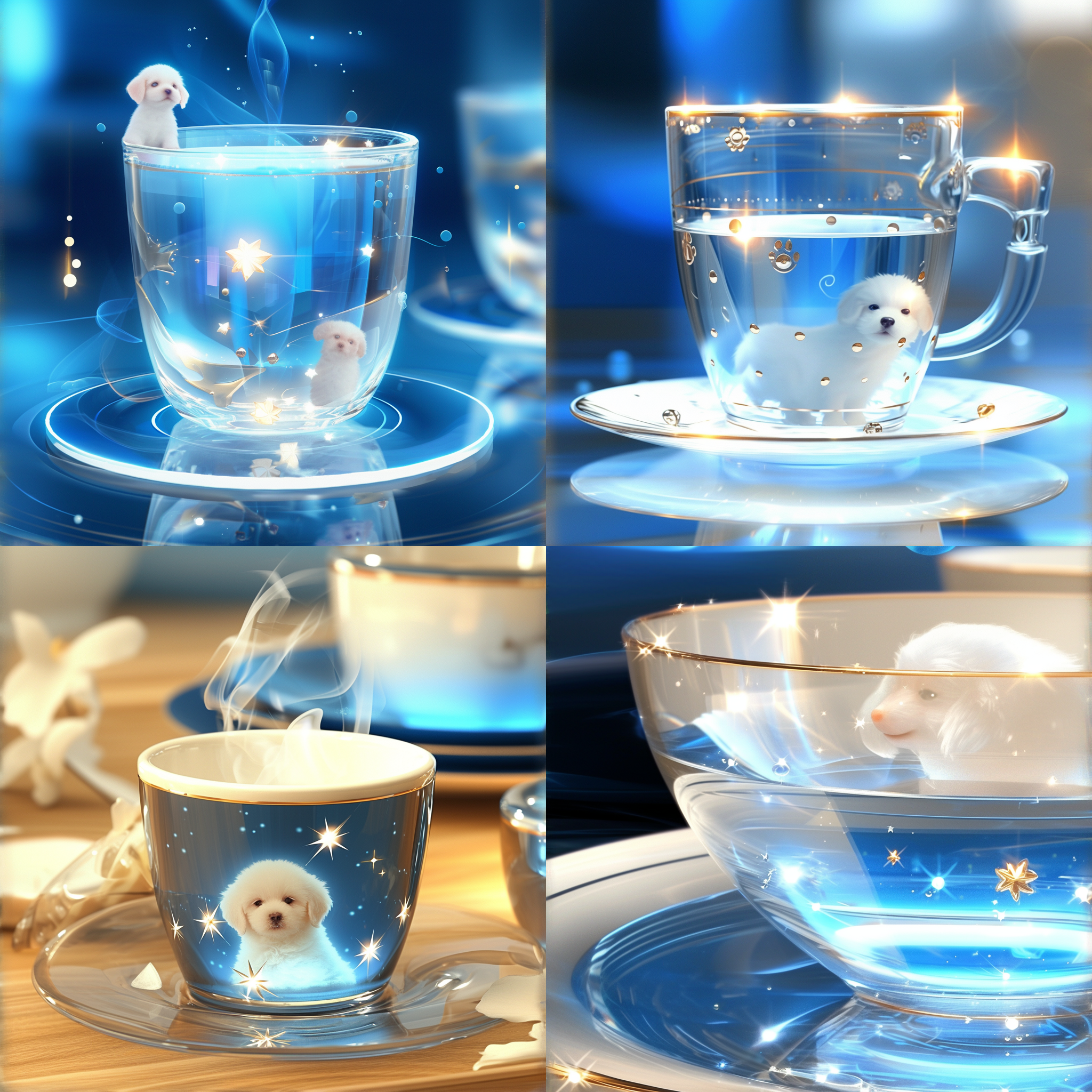 比熊犬图案白色水晶水杯，近景特写，焦点锐利，金色反光点缀，特写镜头捕捉细节，柔和自然光，温馨氛围，精致工艺，温暖情感，高光细节，微距摄影。