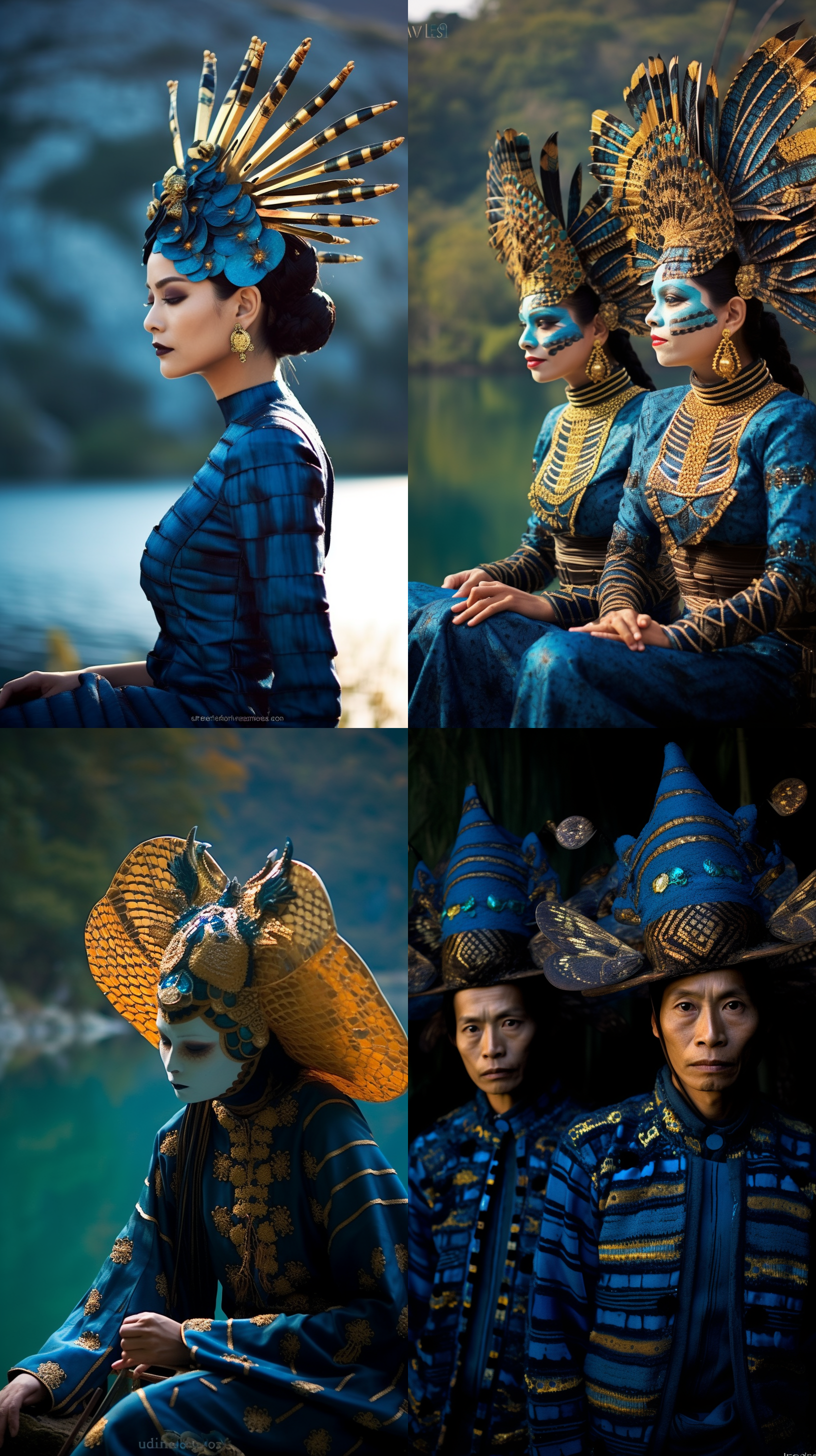 神话故事，玛雅蜜蜂，湖景背景，弗纳茨基的智域，华丽的深蓝色服装，山坡沙漠亭子，2012年，孔雀，获奖艺术品，有机头饰，宣传媒体，莱卡电影，erte，促销。,摄影,山丘，暗蓝色，优雅，独特，光影，神秘，华丽。