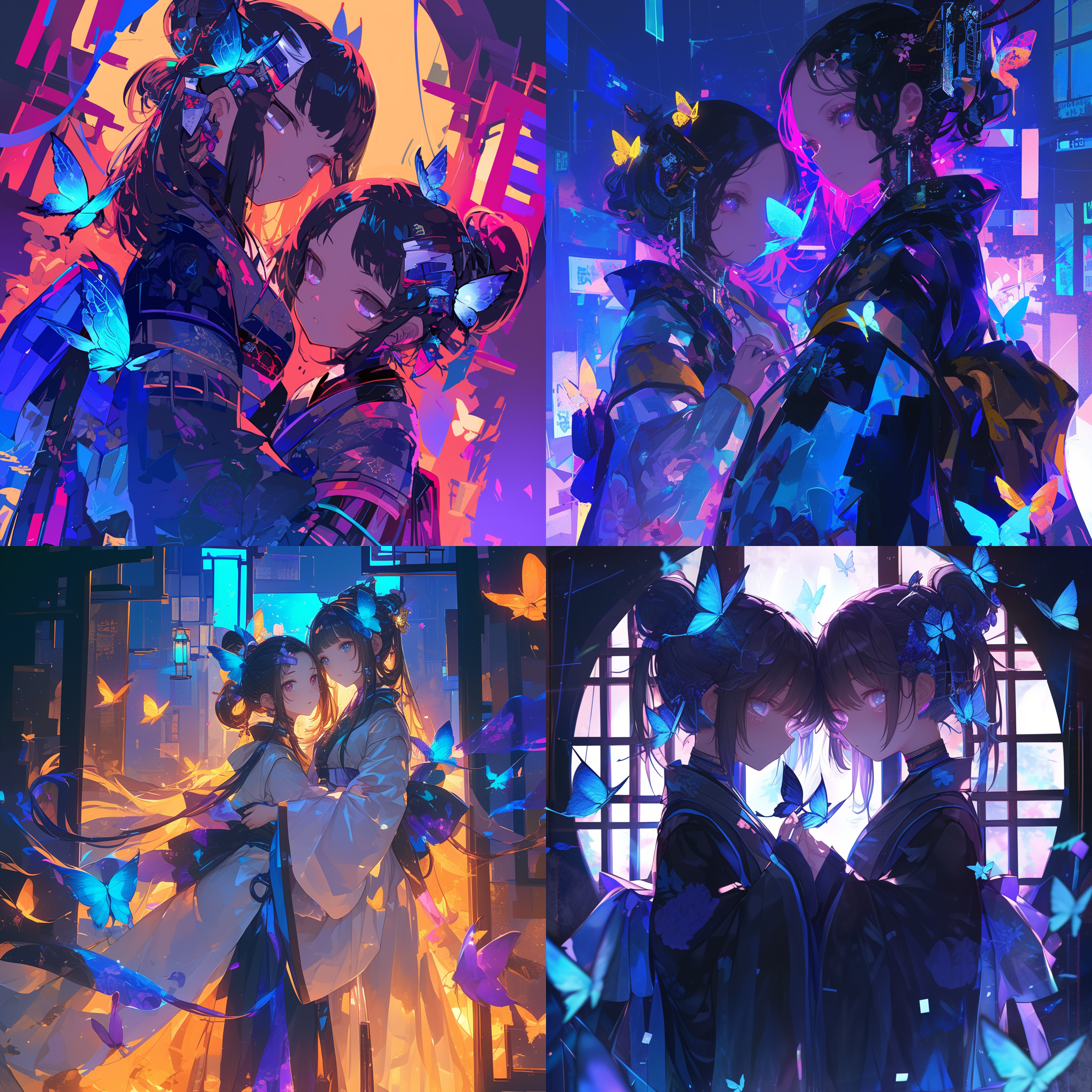 两个穿汉服的动漫小女孩，明亮眼睛，一个扎马尾，一个梳齐刘海，赛博朋克风，蝴蝶环绕，未来感，霓虹色调，侧逆光，细节丰富，抽象。