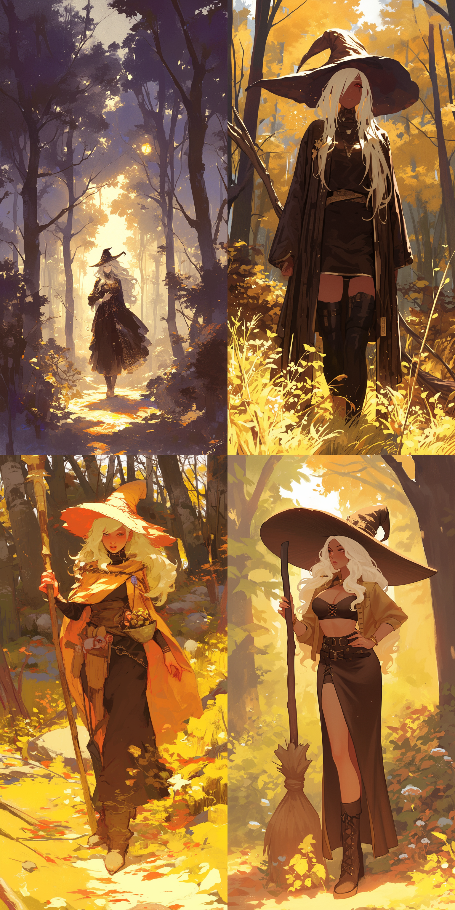 森林中独自行走的魔女，深褐色皮肤，白色头发和眼睫毛