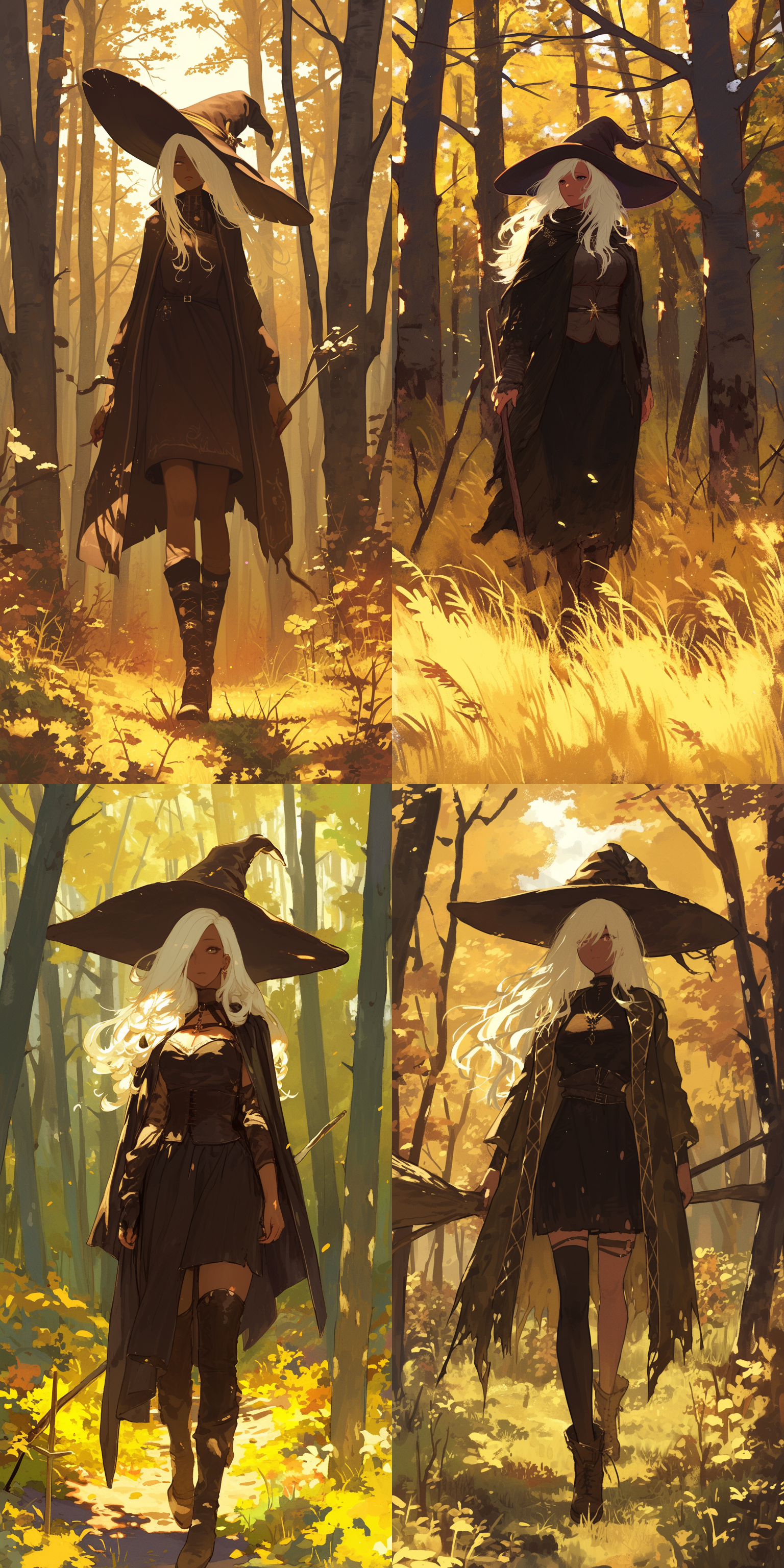 森林中独自行走的魔女，深褐色皮肤，白色头发和眼睫毛