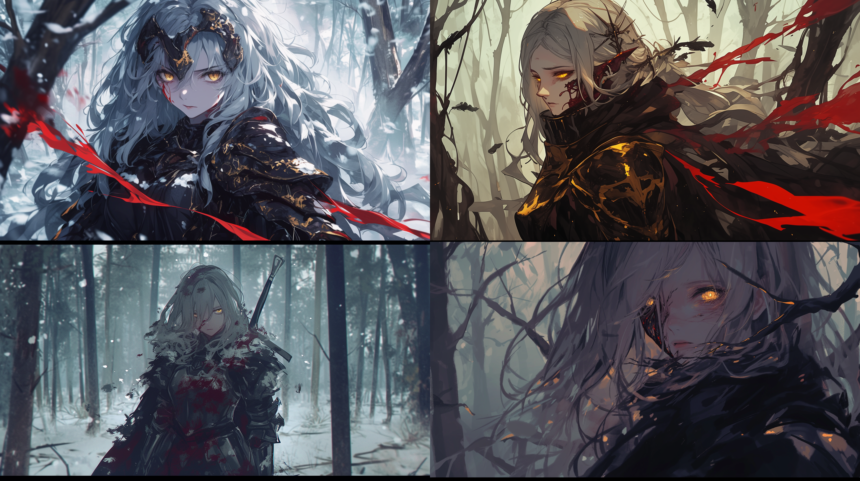 森林中行走，女恶堕骑士，灰色头发，金色瞳孔，脸上暗红液体，对角线布局，神秘，暗黑风格，长焦镜头，树木环绕，柔和侧光，冷色调，沉静。