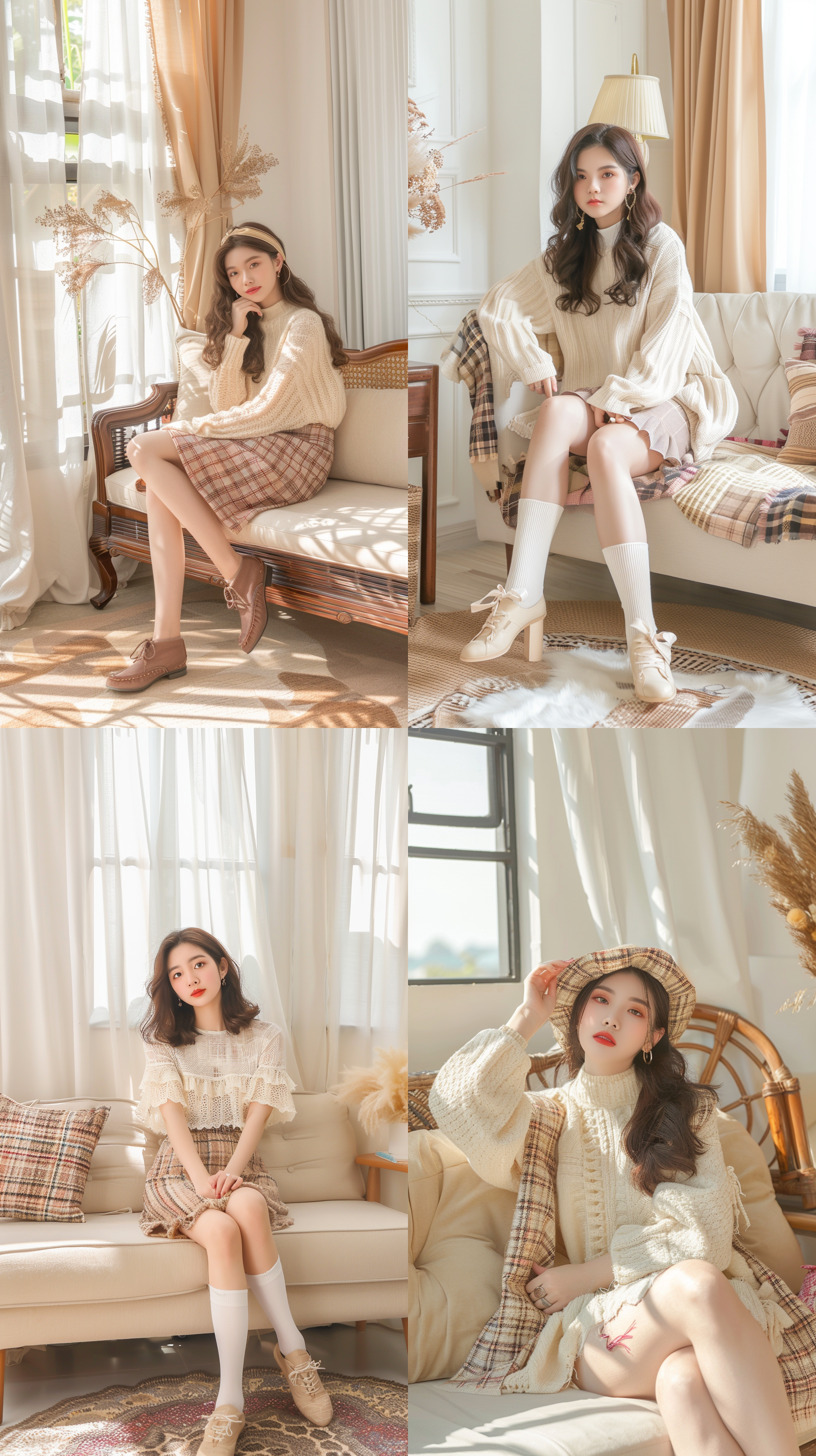 20岁女性，坐在沙发上，在家的客厅里，光线充足，阳光，清新，家居服，高清拍摄，写实风格，全身照，短裤