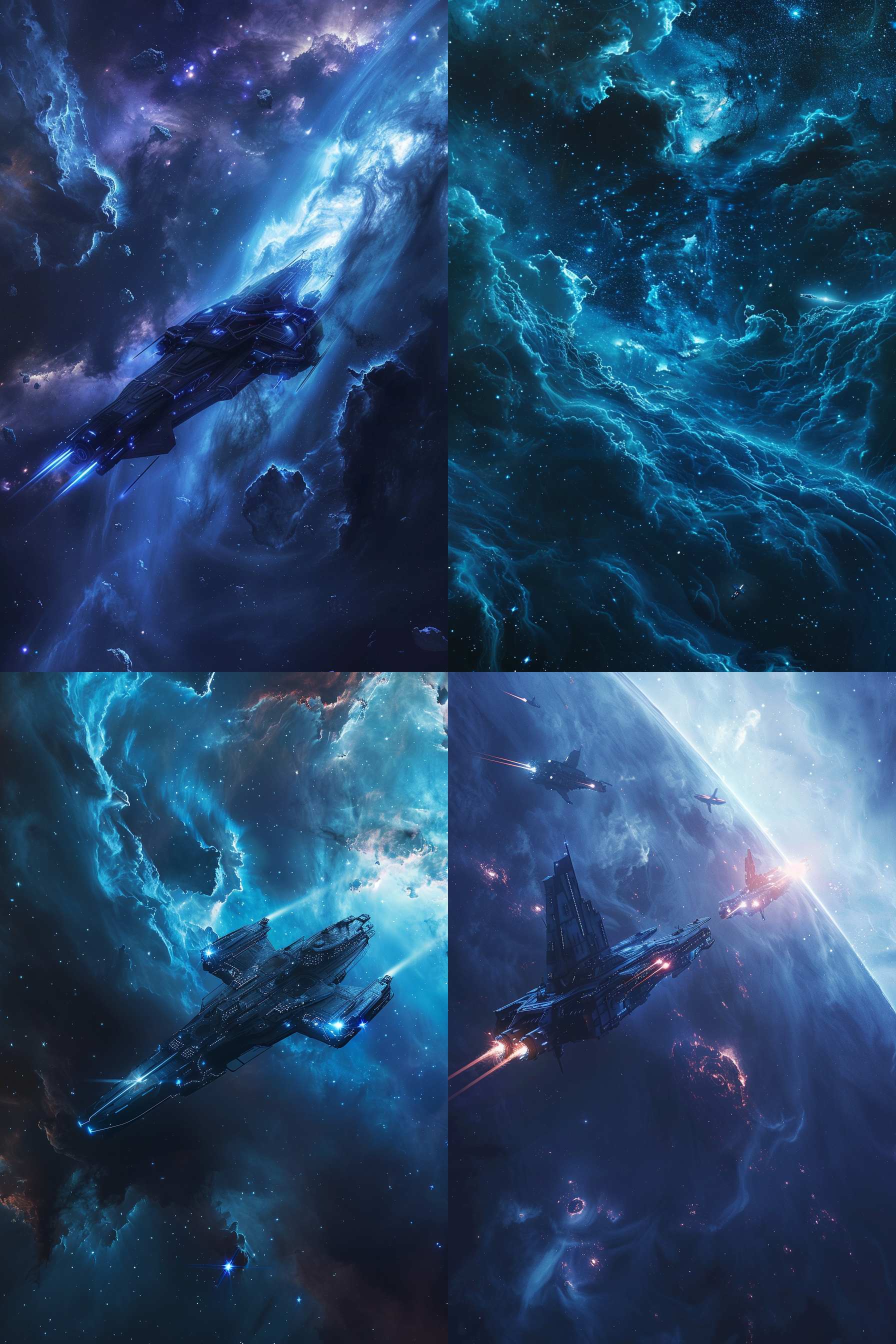 飞船穿越星云，孤独苍凉，太空环境，蓝色调，高清8k，远景透视，宁静和谐，广角镜头，冷色调，无人机拍摄，宇宙探索，未来科幻。 远景透视 银河