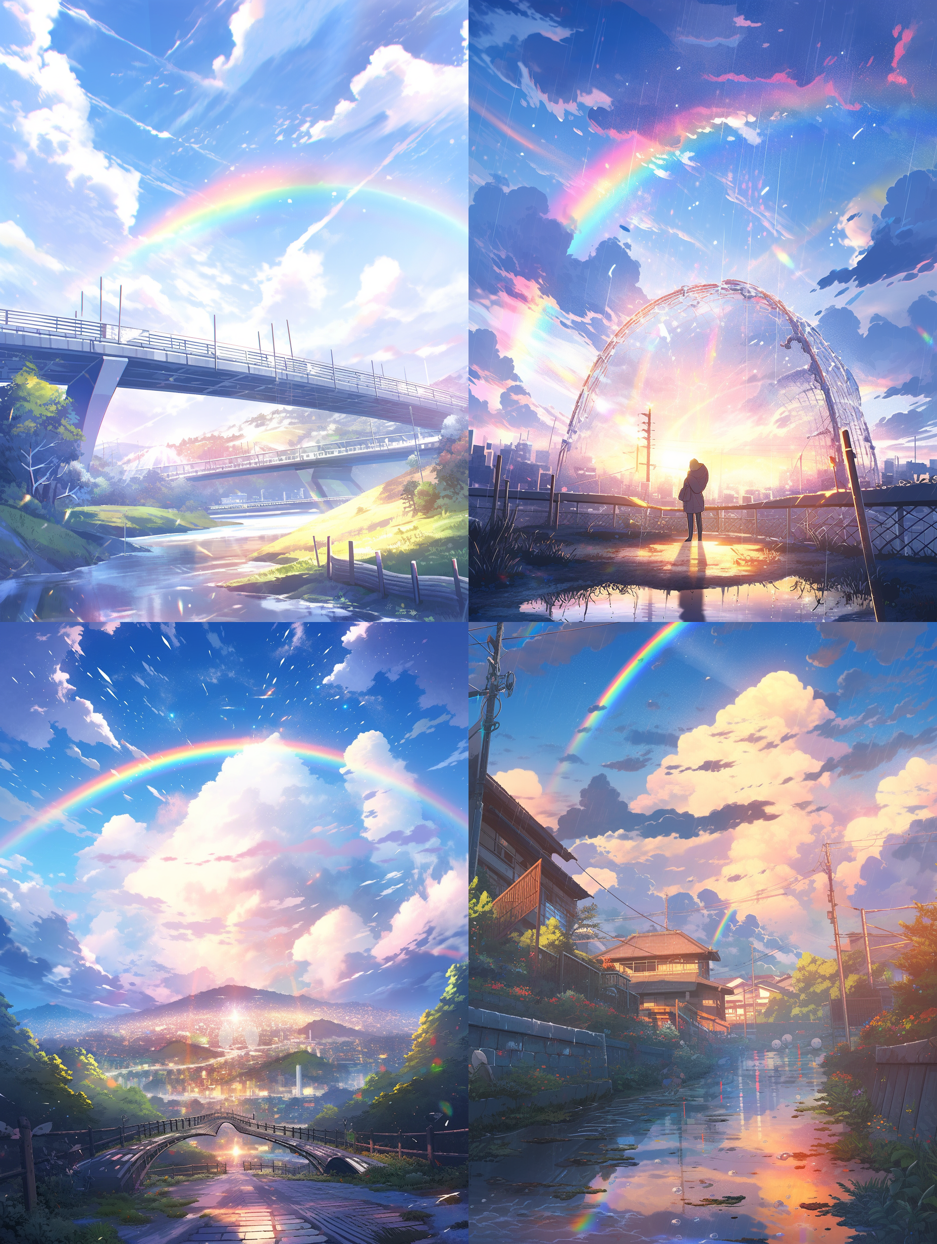 雨过天晴，山谷中，彩虹拱桥，朝阳映照，明亮色彩，超广角镜头，雨后光斑，人们欢笑，放风筝，欣喜。