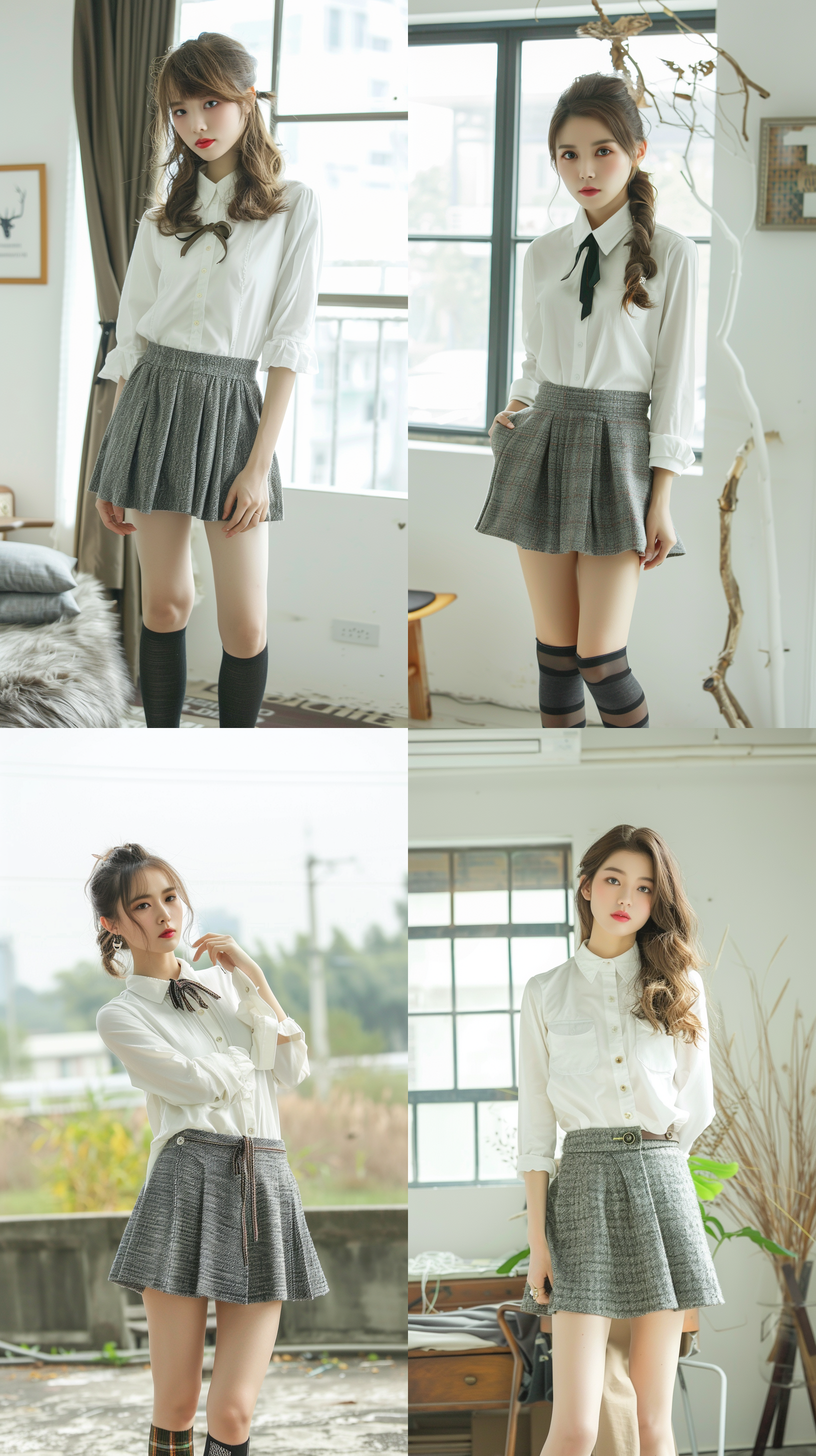 女模特，穿白衬衫，短裙