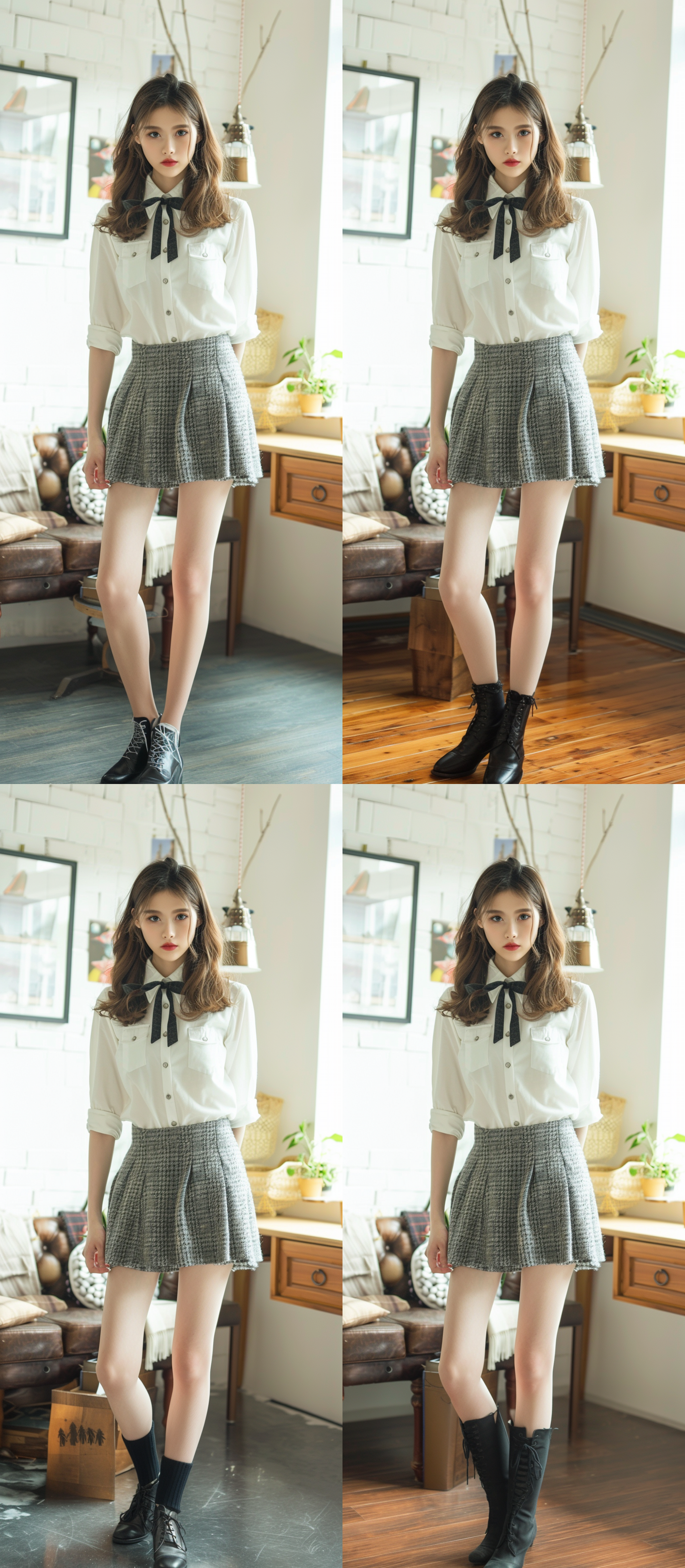 女模特，穿白衬衫，短裙