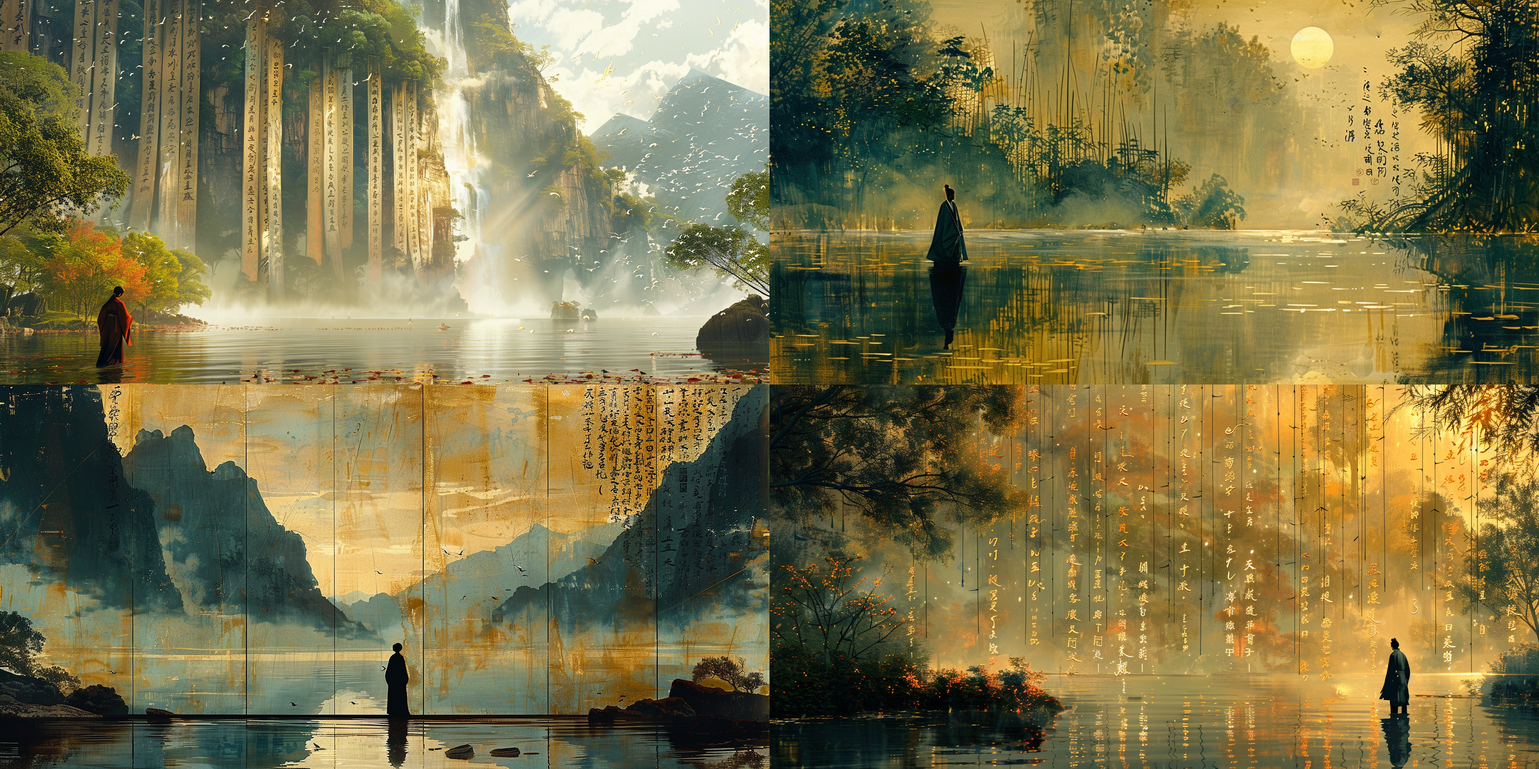a 50-meter-high row of huge beige bamboo panels are tightly connected, with chinese characters written on them, forming a wall,vertical across the center of the lake.an ancient chinese youth in a tang suit writes in the air with a chinese brush.the lake is flanked by dense bamboo forests.chinese ink painting,chinese epic style.very impactful picture composition, perfect light and shadow, expressiveness, fantasy, abstraction, best quality, super detail.