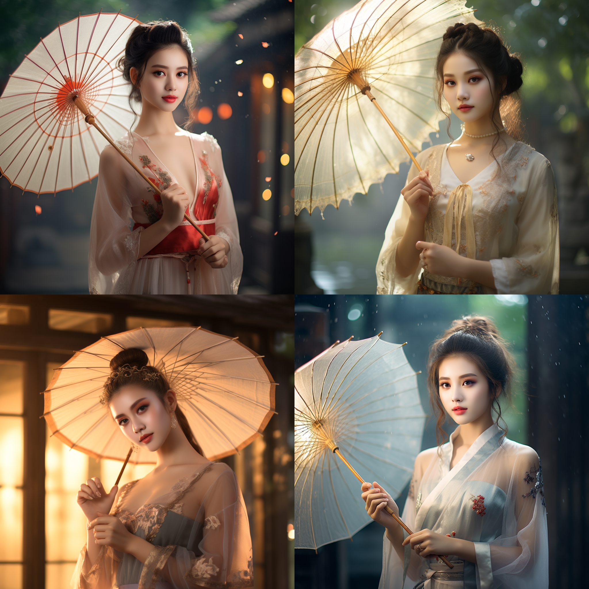 古典美少女，轻纱装，新中式首饰，打着油纸伞，庭院中，柔和光线，细节丰富，端庄优雅，淡雅色调，微笑。