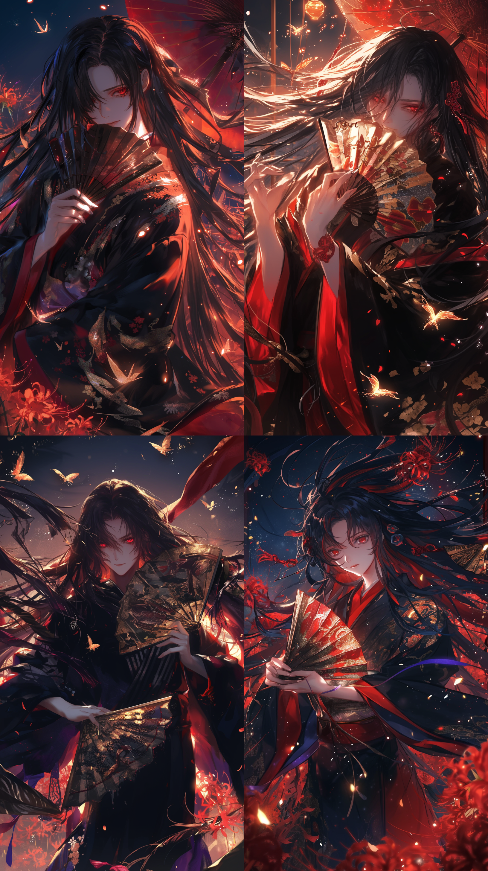 黑发长发少年，红色眼睛，华丽和服，帅气，长焦镜头，祈福舞蹈，手持折扇，悲伤，祭祀，黑暗，夜晚，彼岸花，萤火，发光