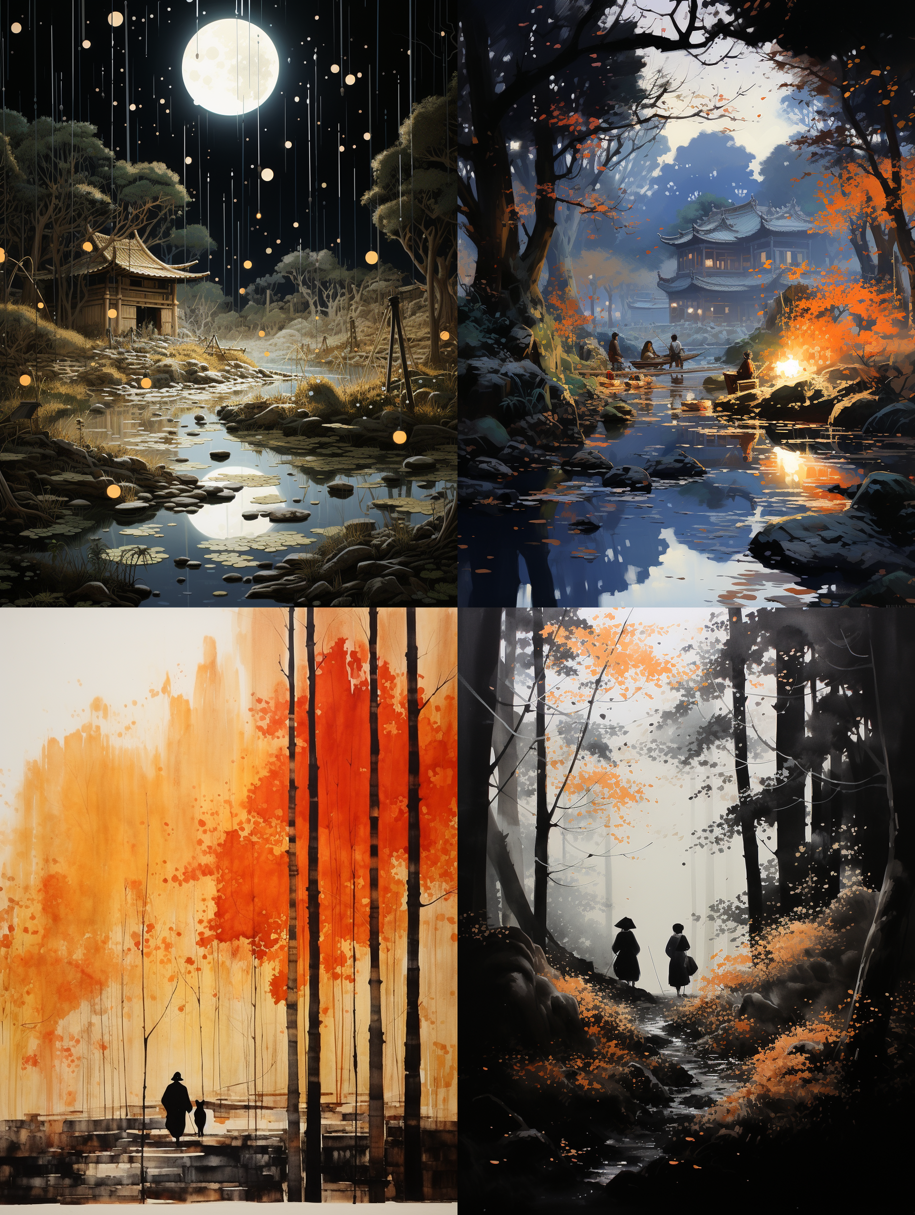 autume evening, the washer-maids go through the pine trees and bamboos, moonbeams peer, wide-angle, long shot, ink painting