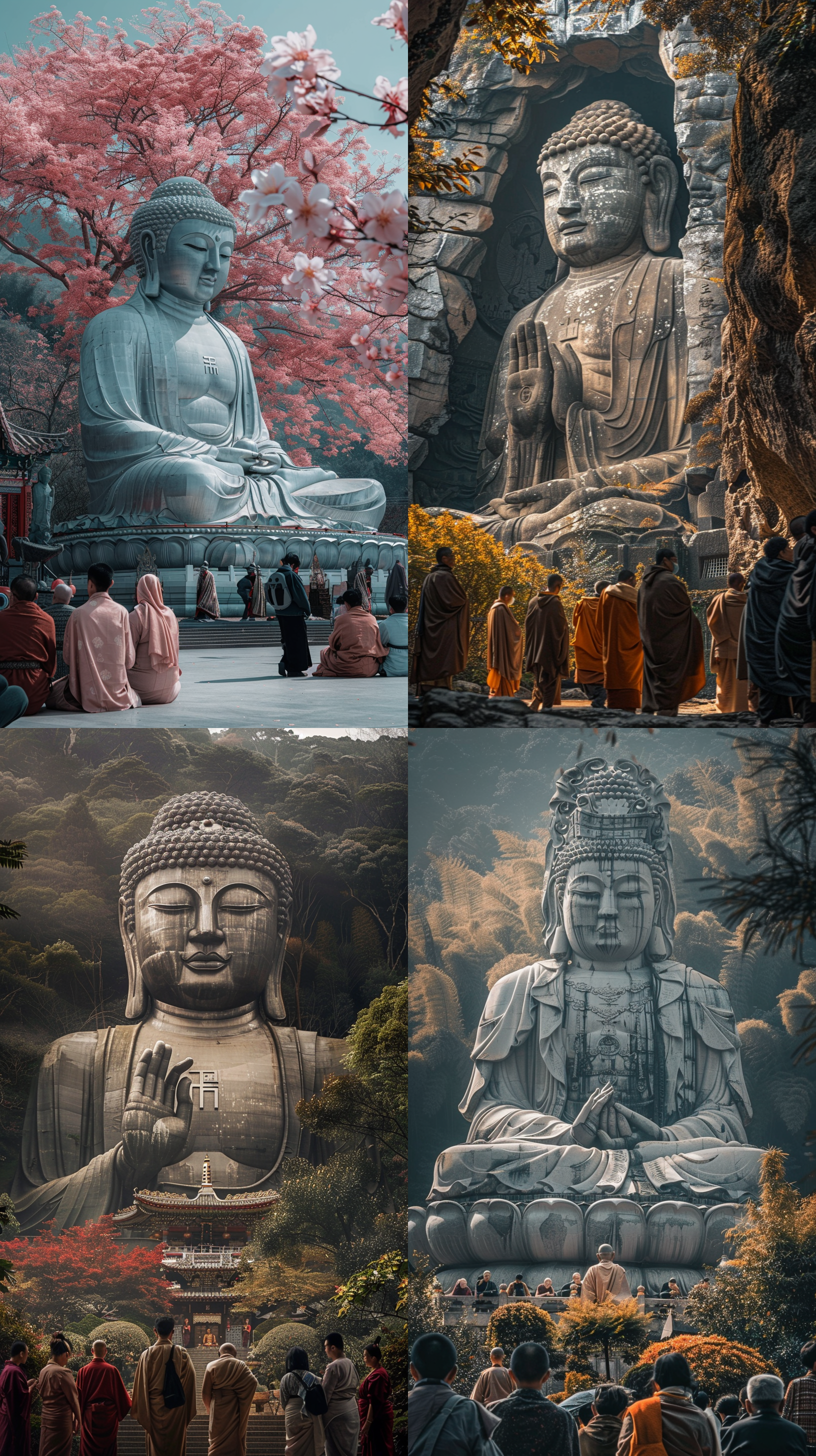 破旧巨大佛像，春天环境，虔诚人群，古风服饰，细节表情，静态构图，中焦镜头，自然光，色彩丰富，宁静祥和，信仰力量。