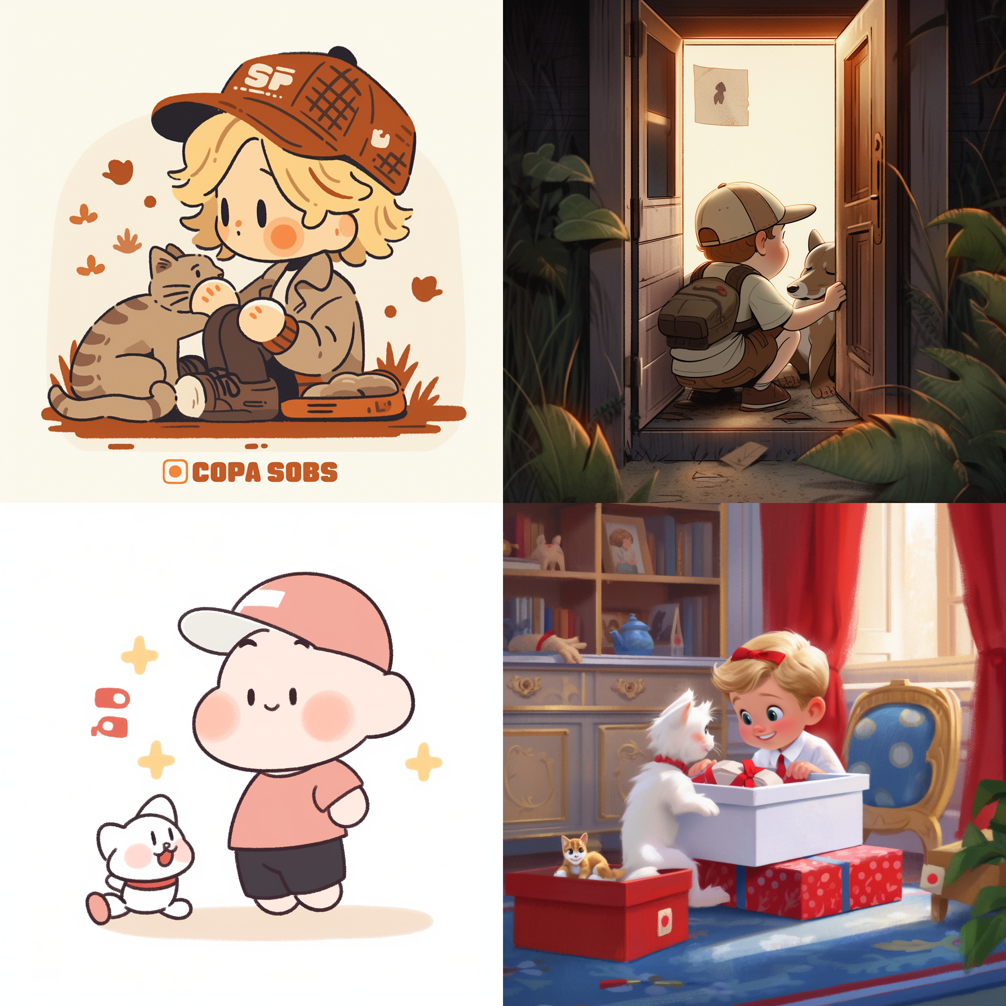 小男孩伸手拿东西，猫，卡通