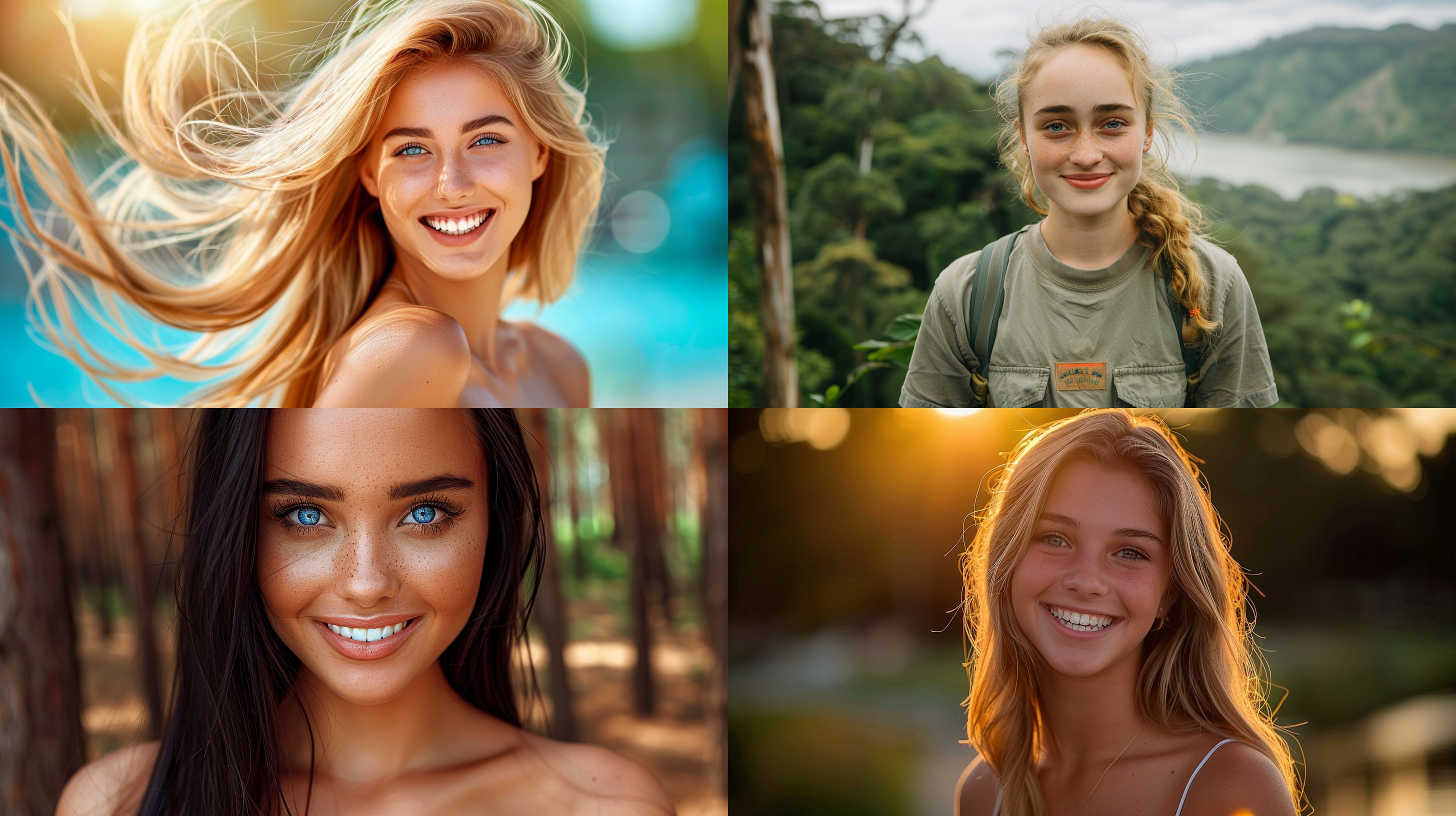 女性笑容，森林背景，逆光拍摄，温柔表情，长发飘动，柔和色调，肖像模式，自然光线，微笑，幸福，自然。