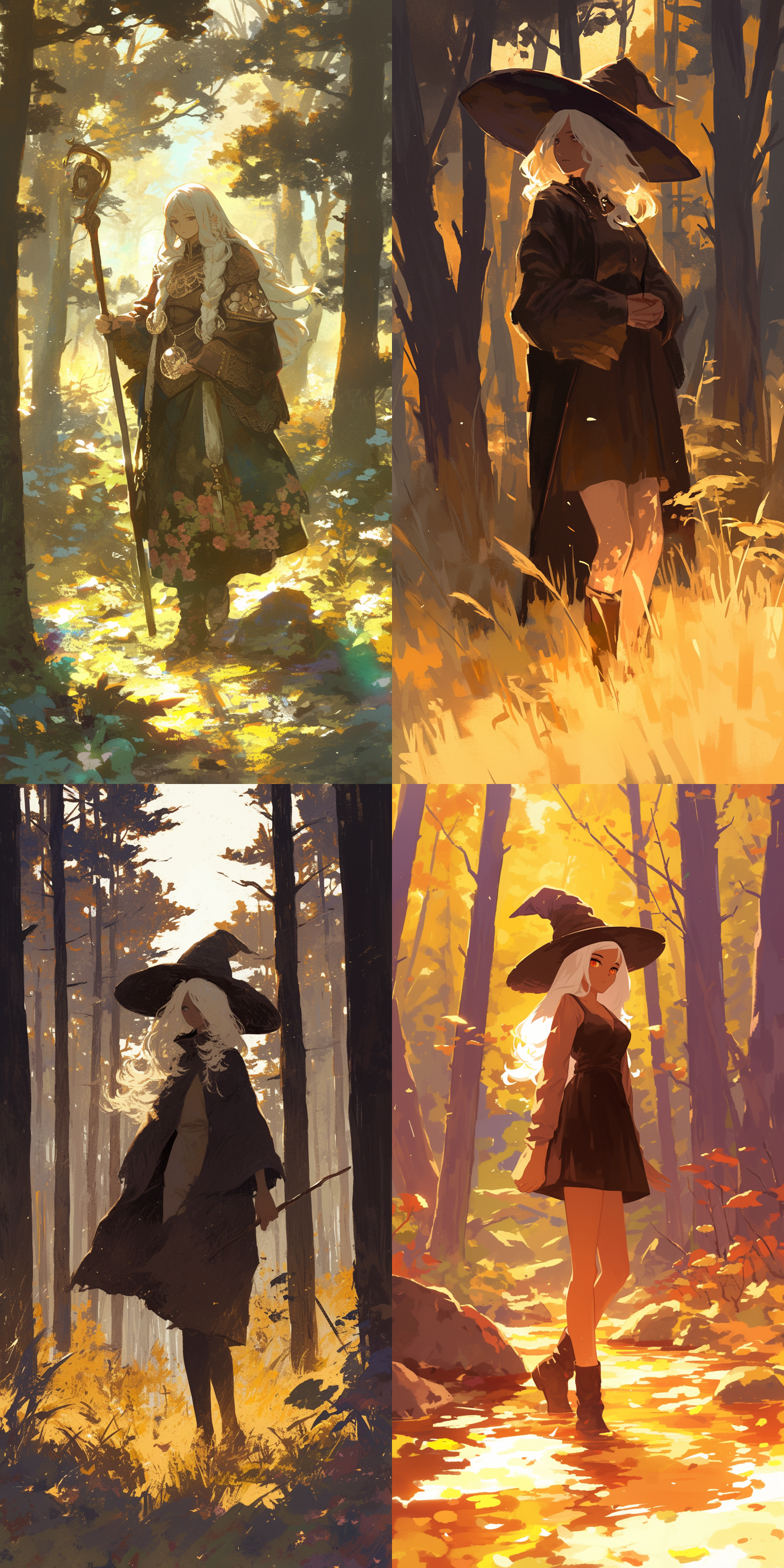 森林中独自行走的魔女，深褐色皮肤，白色头发和眼睫毛