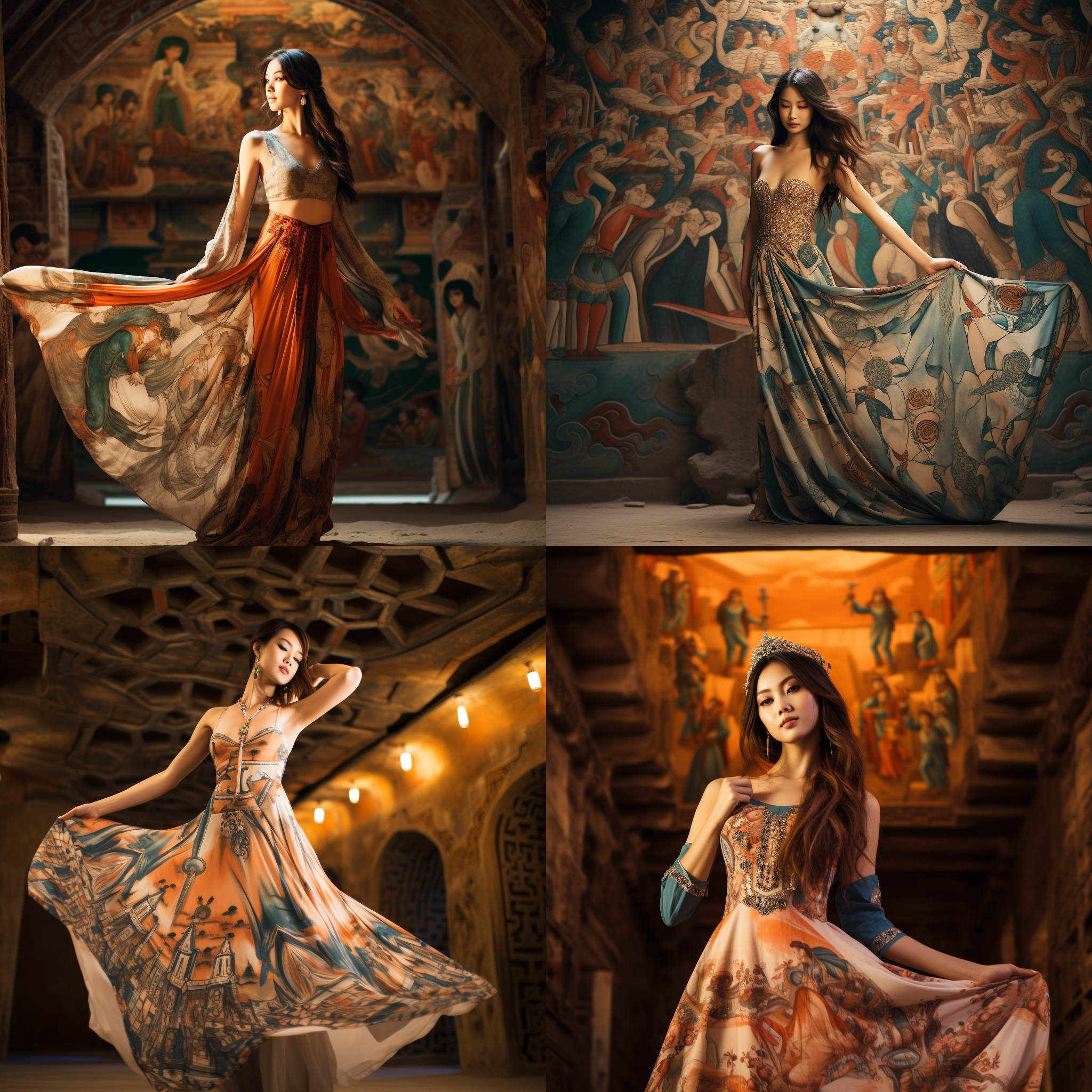仙女身着华丽长裙微笑站在莫高窟石板上，古老壁画为背景，神秘氛围。色彩斑斓，历史韵味浓郁。使用广角镜头，暖色调，侧光，构图对称，仙女显得婉约而神秘，历史文化气息浓厚。仙女，壁画，莫高窟，华丽长裙，微笑，古老，神秘，神奇，色彩斑斓。