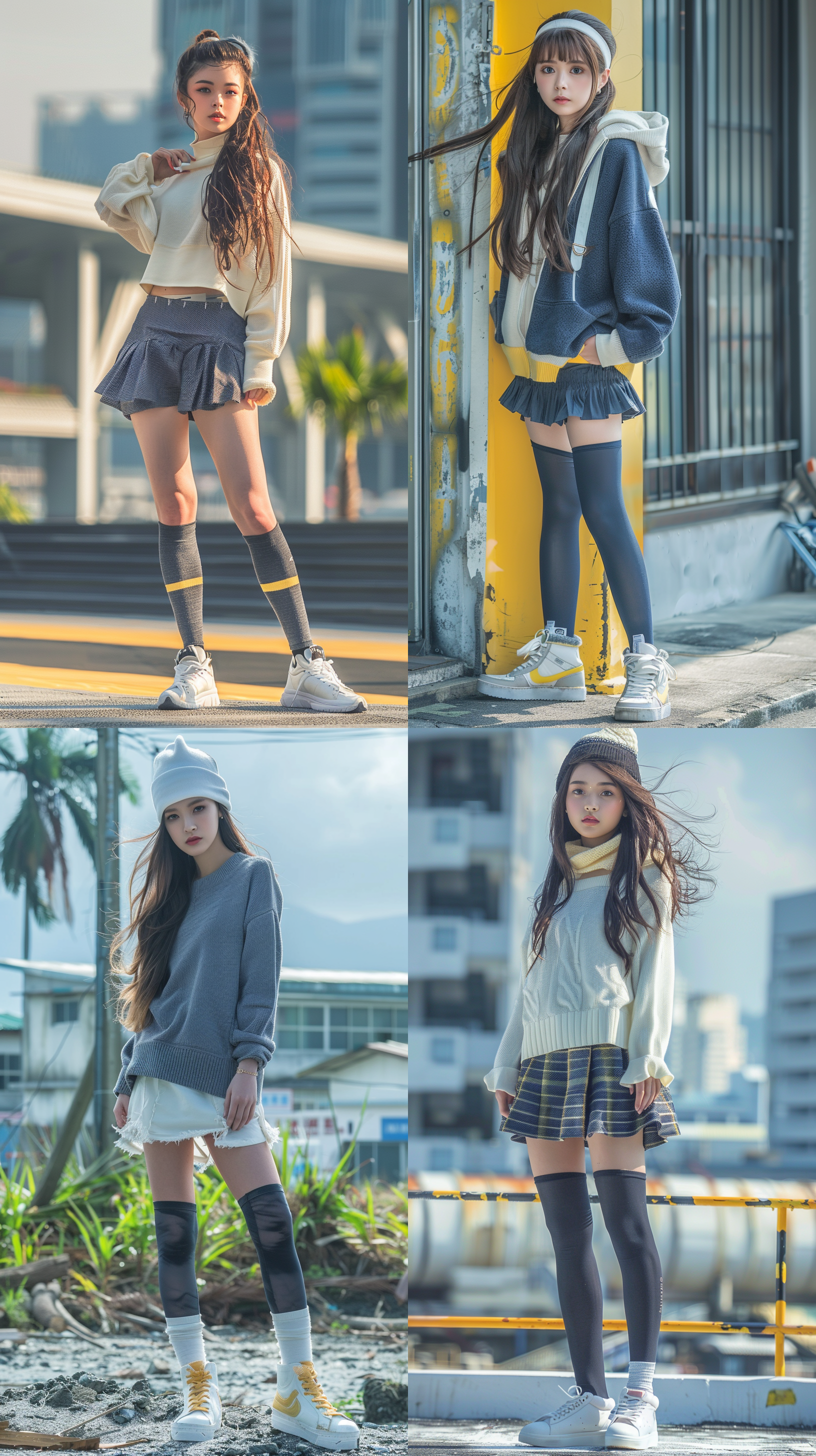 针织衫，休闲短裙，打底裤，运动鞋，20岁女孩，长发，阳光充足，高清摄影，全身照，活泼