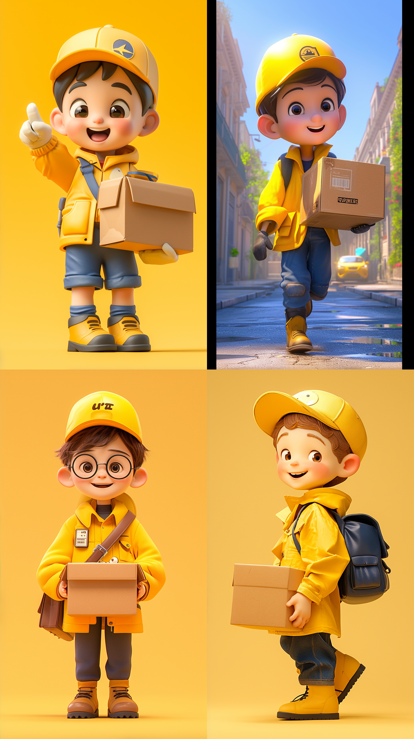 一个快递员，可爱的男孩，心情愉快，戴着黄色的帽子，黄色的外套，蓝色的裤子，全身，正面视图，popmart盲盒，粘土材料，皮克斯趋势，3d艺术，c4d，辛烷渲染，光线追踪，全程拍摄，干净的背景，高细节，高质量，超级清晰