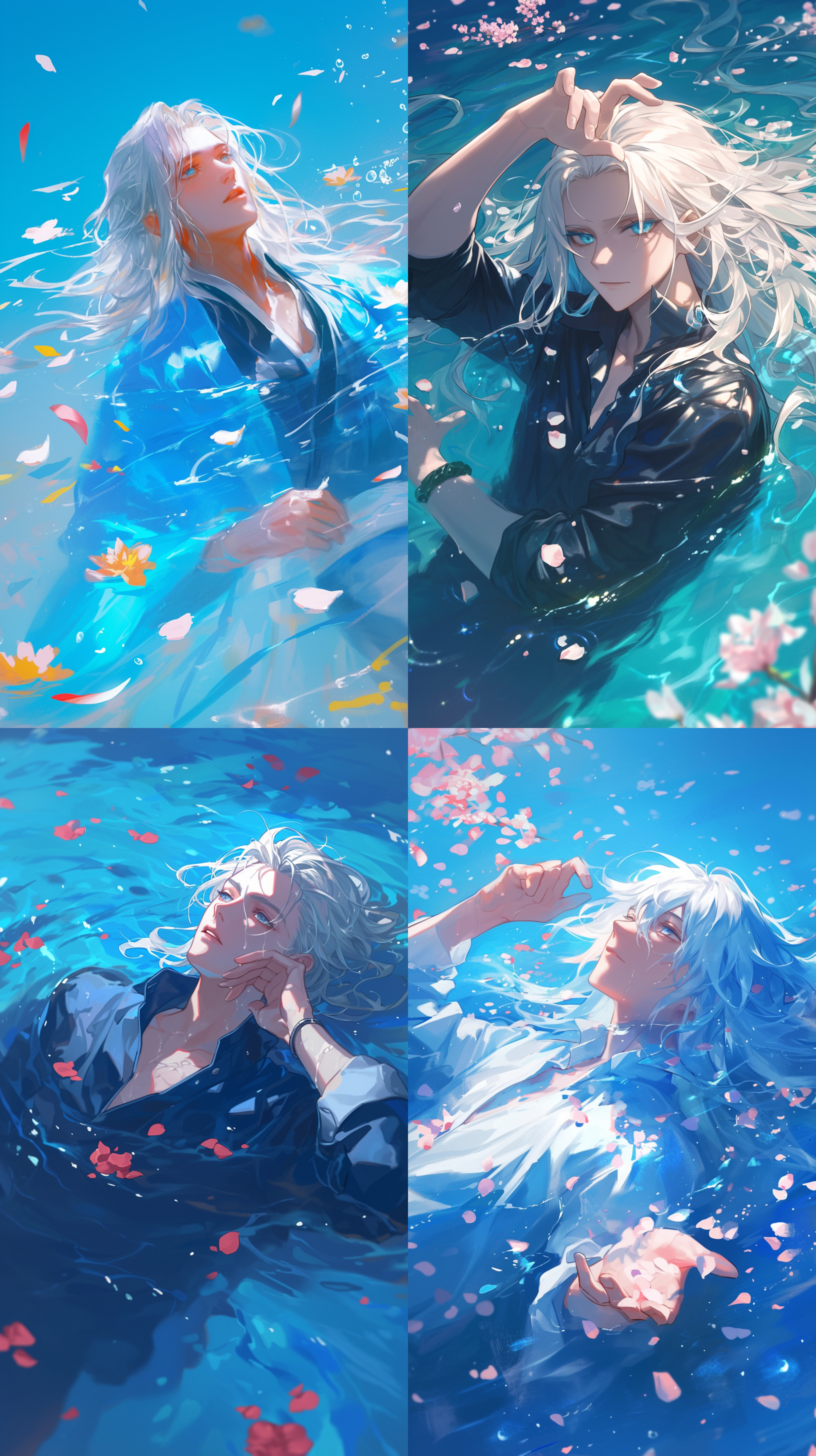 18岁少年，银发长发，水中，花瓣，蓝色眼睛，浮在水面，光线明亮，休闲服，帅气，闭眼，温馨，唯美