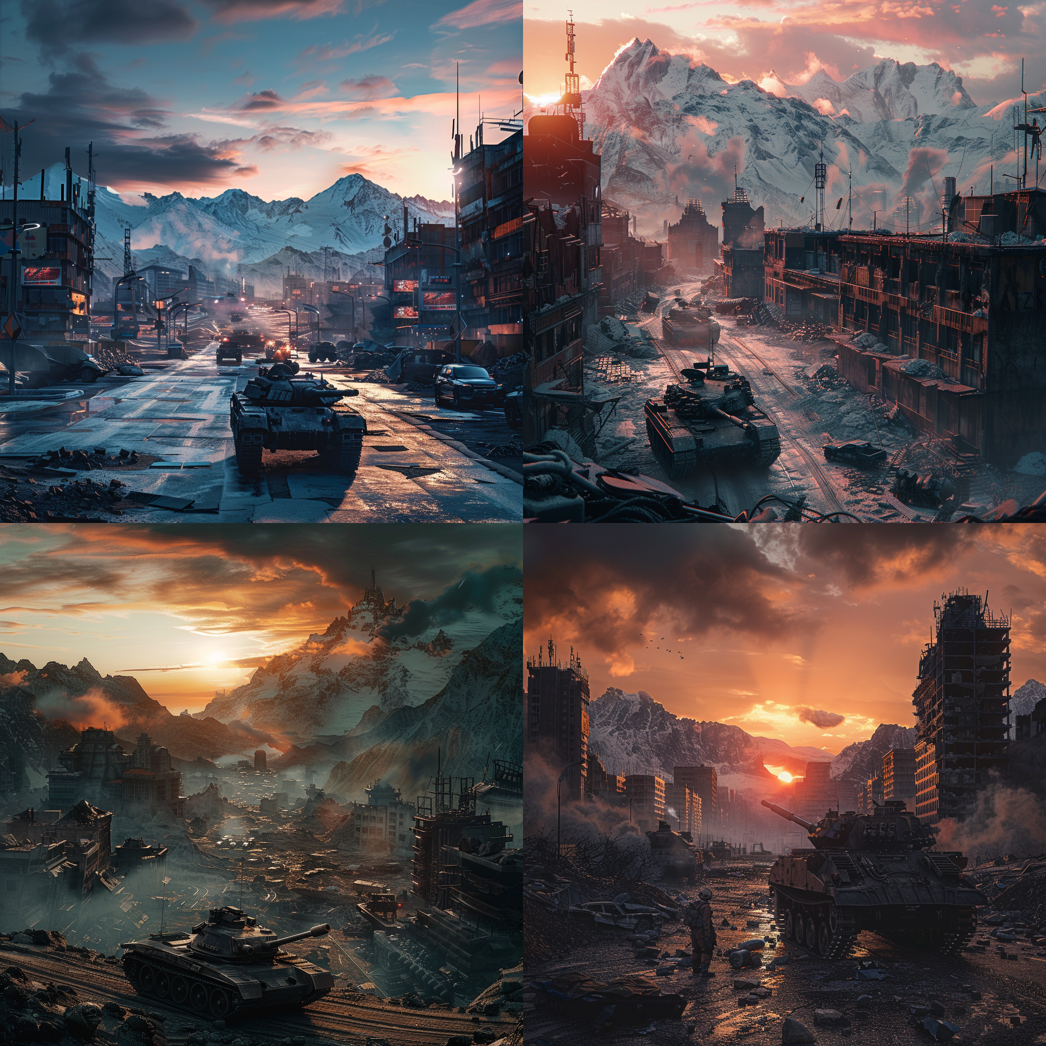 日出，群山，犀牛坦克，动感构图，4k画质，细节丰富，战斗场景，逆光，强对比度，冷色调，震撼，壮观。 末日城市