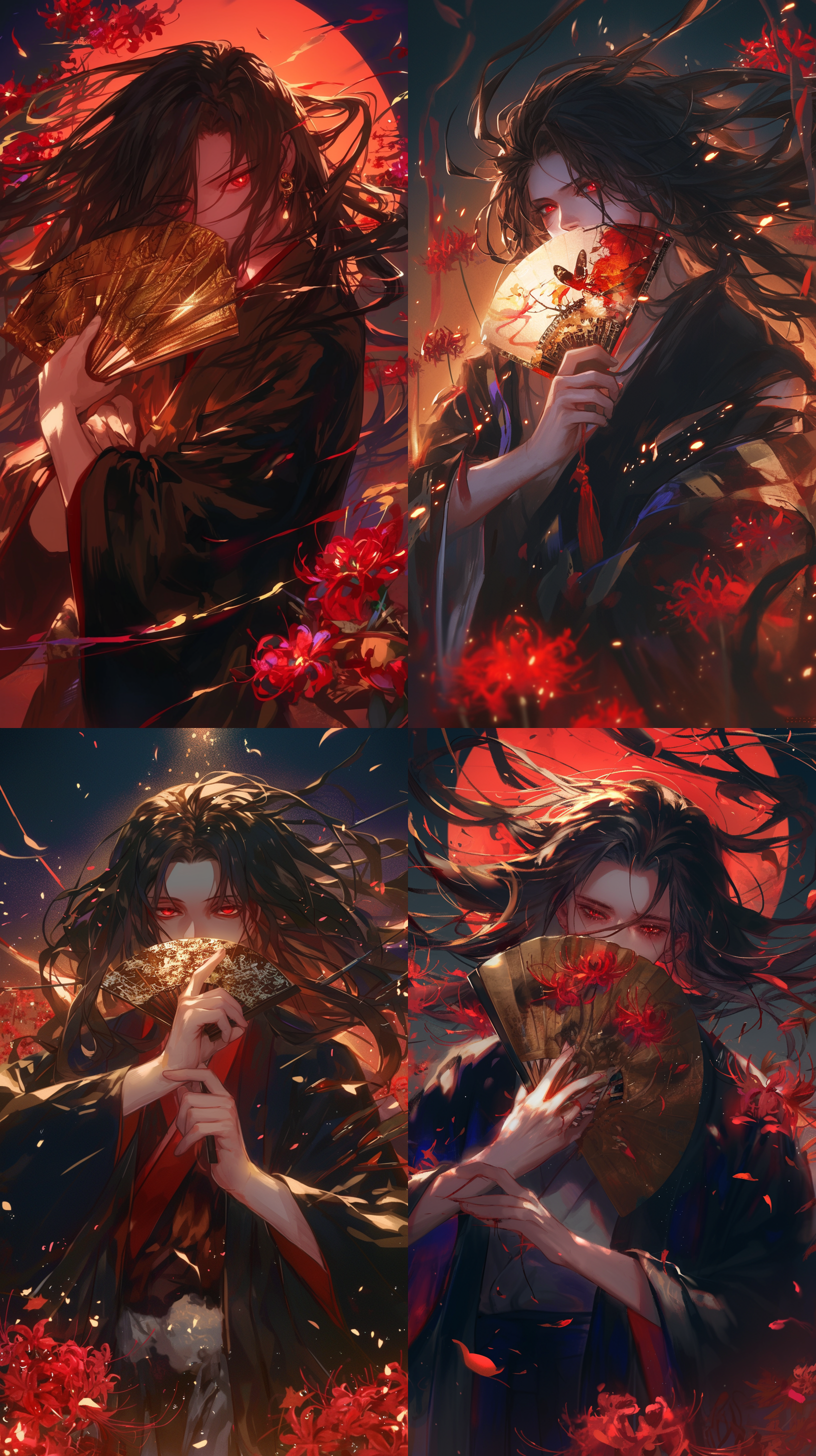 黑发长发少年，红色眼睛，华丽和服，帅气，长焦镜头，祈福舞蹈，手持折扇，悲伤，祭祀，黑暗，夜晚，彼岸花，萤火，发光