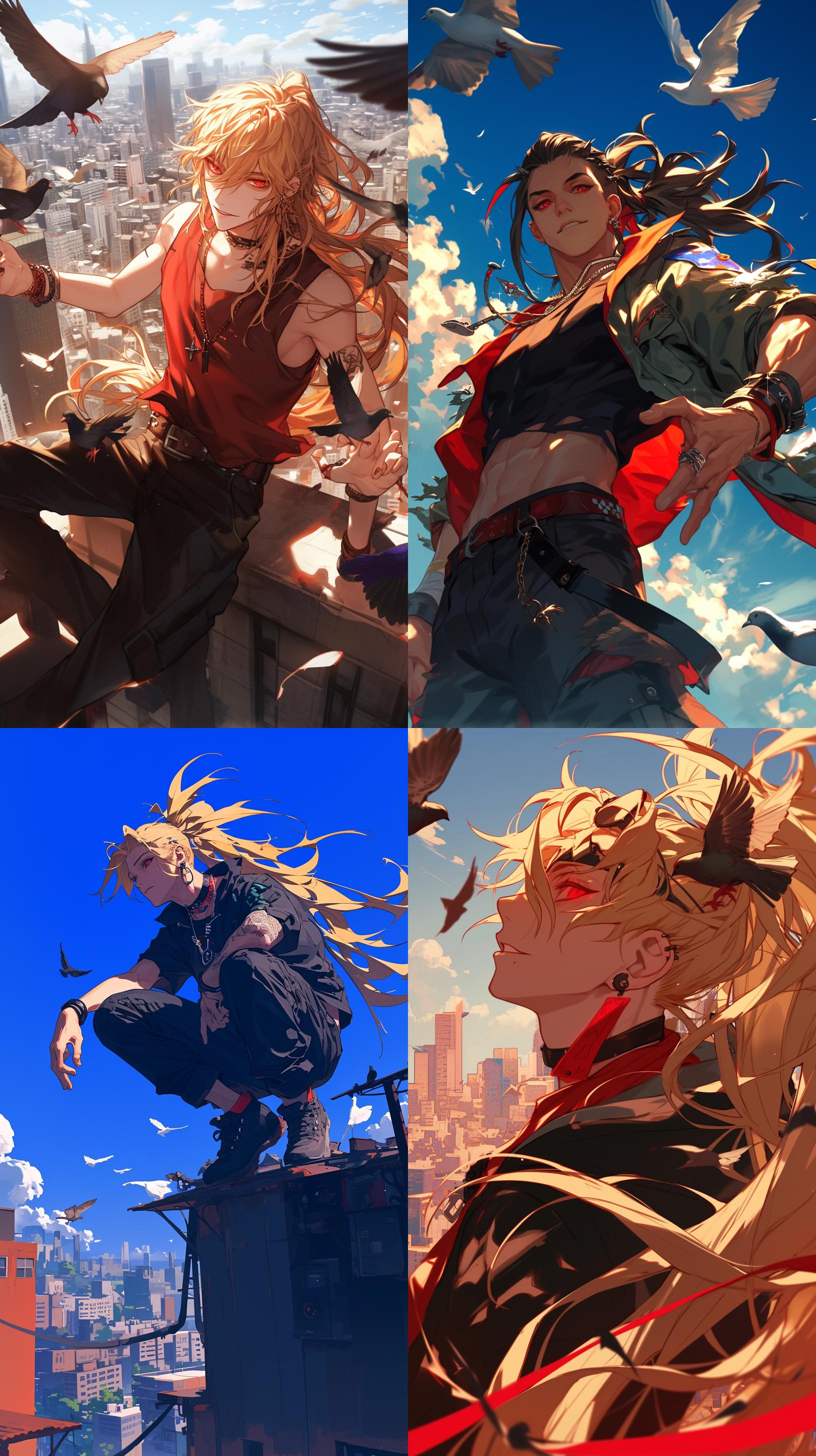 金色长发，16岁少年，马尾，红色眼睛，帅气朋克风，红色项链，黑色耳环，黑色首饰，楼顶，跑酷，白天，鸽子，飘逸