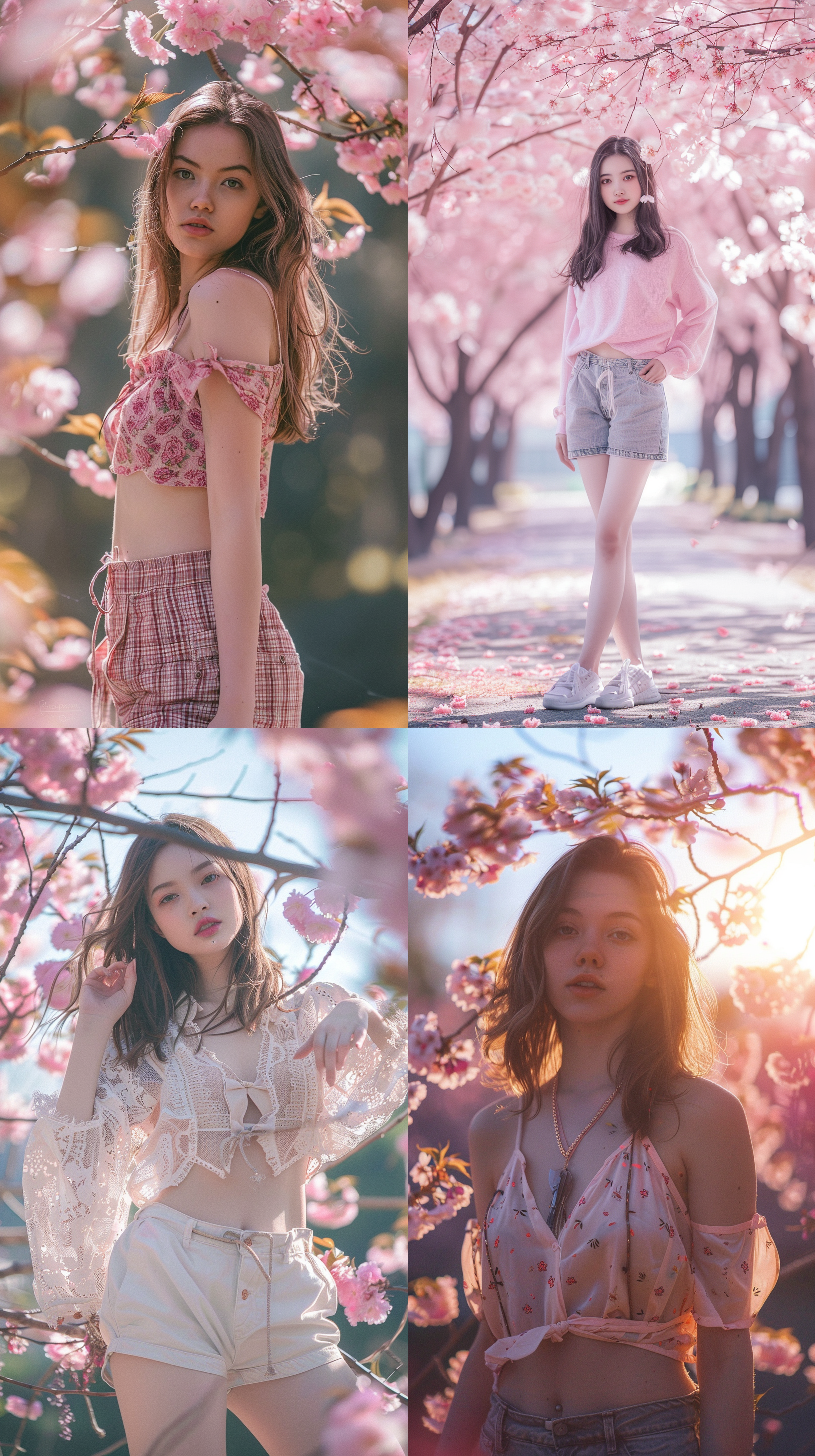 18岁女孩，高清拍摄，写实风格，全身照，室外拍摄，摄影棚，短裤，光线充足，粉色樱花，正面光，清新，50mm定焦镜头