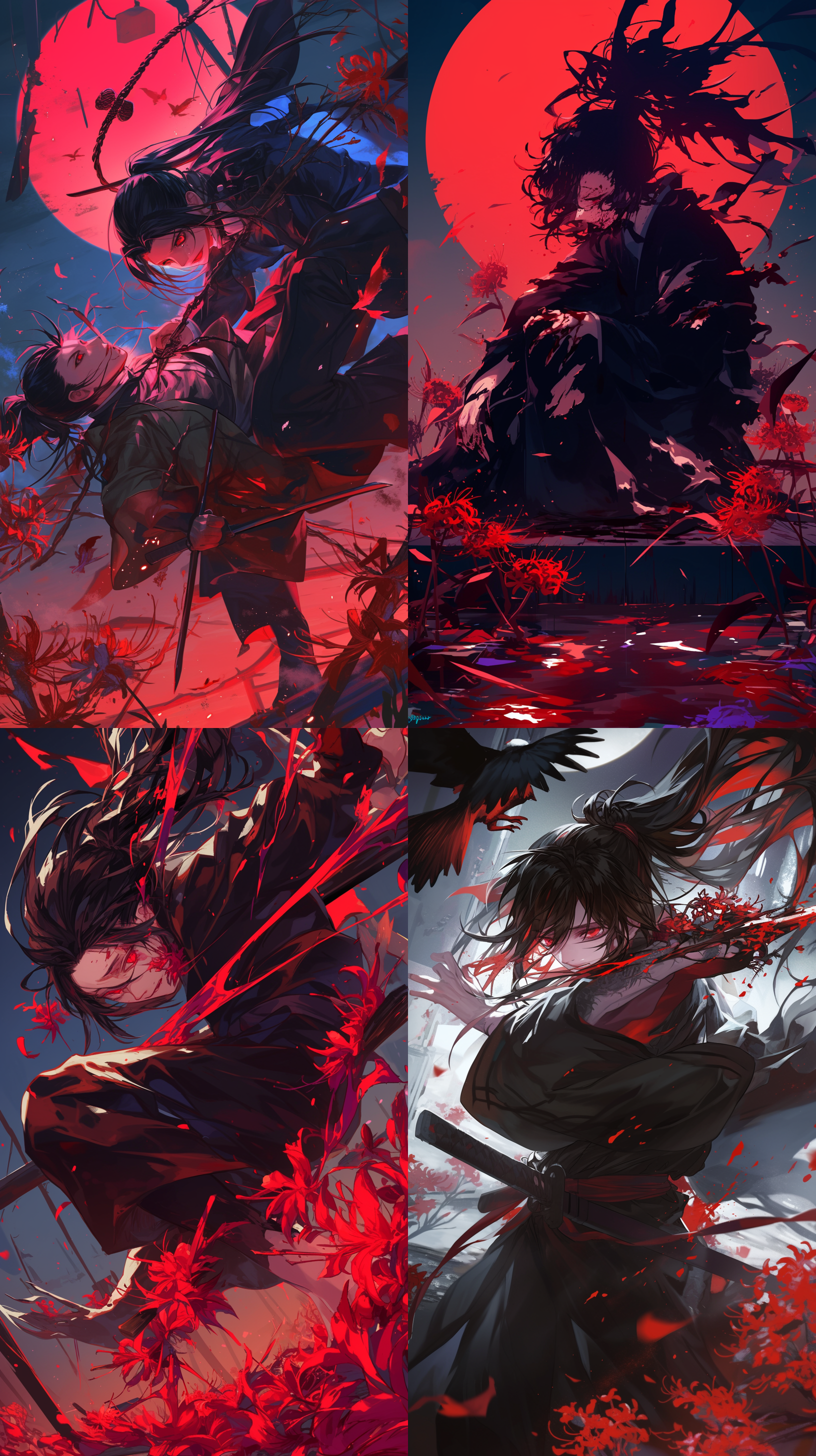 黑发少年，红色眼睛，甚平，帅气，长焦镜头，踢腿，受伤，悲伤，废弃码头，黑暗，夜晚，马尾，战斗，彼岸花，刘海往上梳