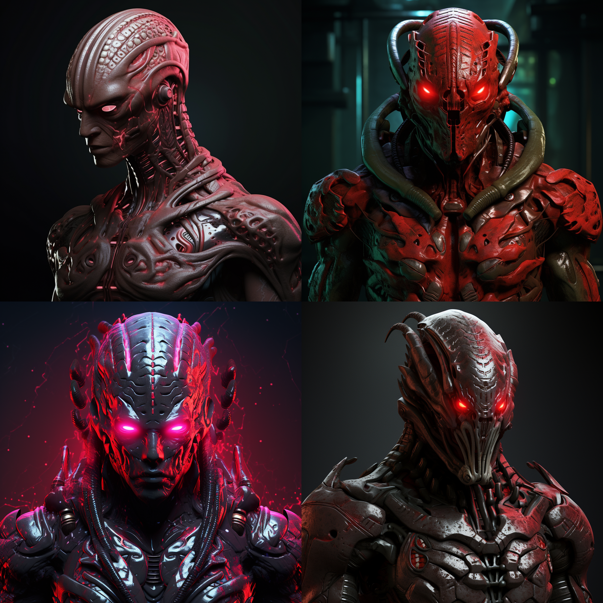 外星霸权征服者，肌肉质感，暗红色皮肤，坚硬鳞片，冷酷眼神，军事化管理，严格等级制度，战斗荣耀，恶劣环境，侵略欲望，外貌凶猛，强烈气息，科幻风格，逆光拍摄，冷色调。