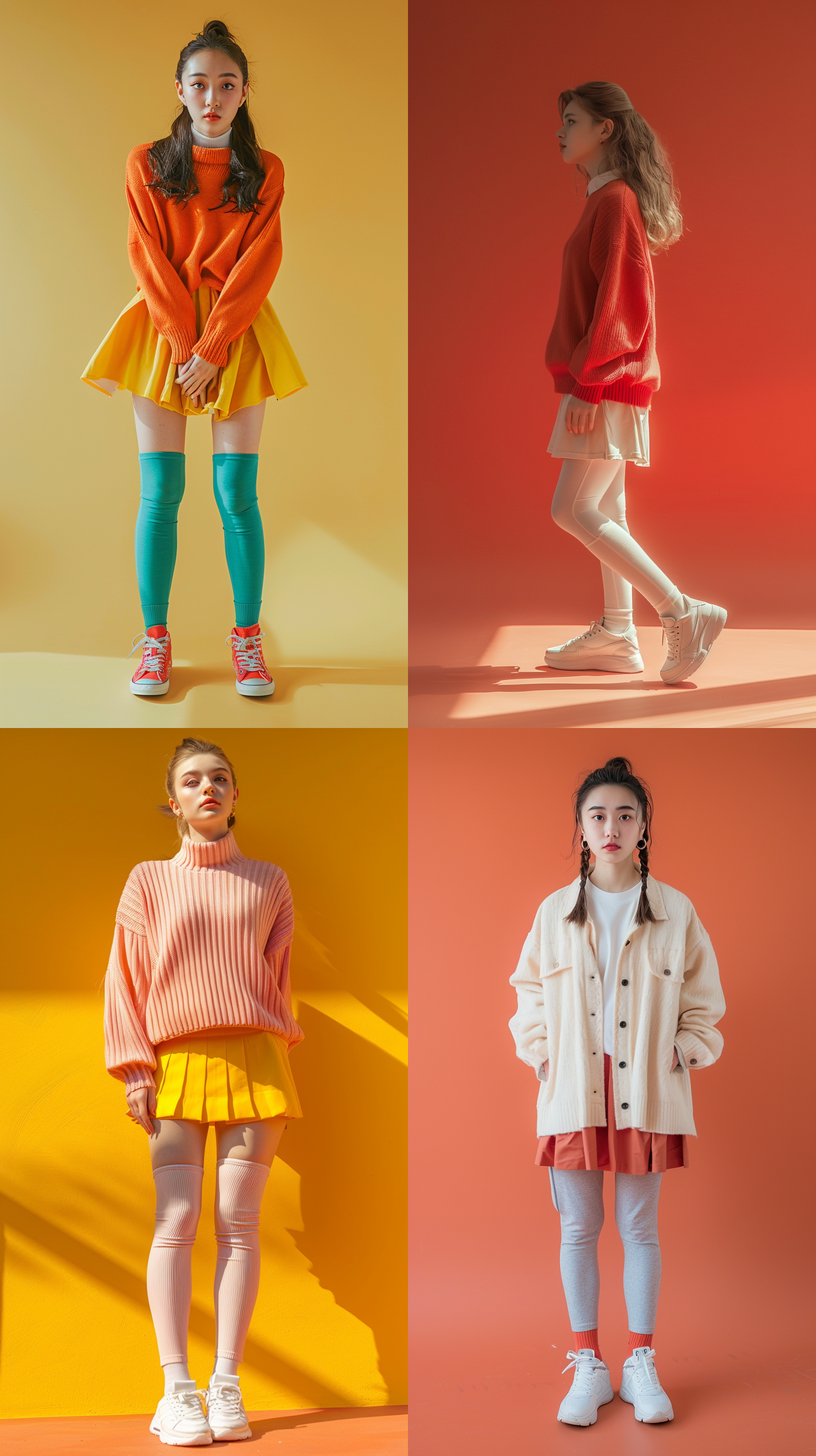 针织衫休闲短裙打底裤运动鞋，20岁少女在室内摄影棚中，阳光充足的高清摄影中展现出活泼的氛围。全身照构图对称，纯色背景突出服装颜色。镜头使用标准镜头，适中的焦距呈现出真实的肖像，色彩鲜艳，明亮而不失细节。
