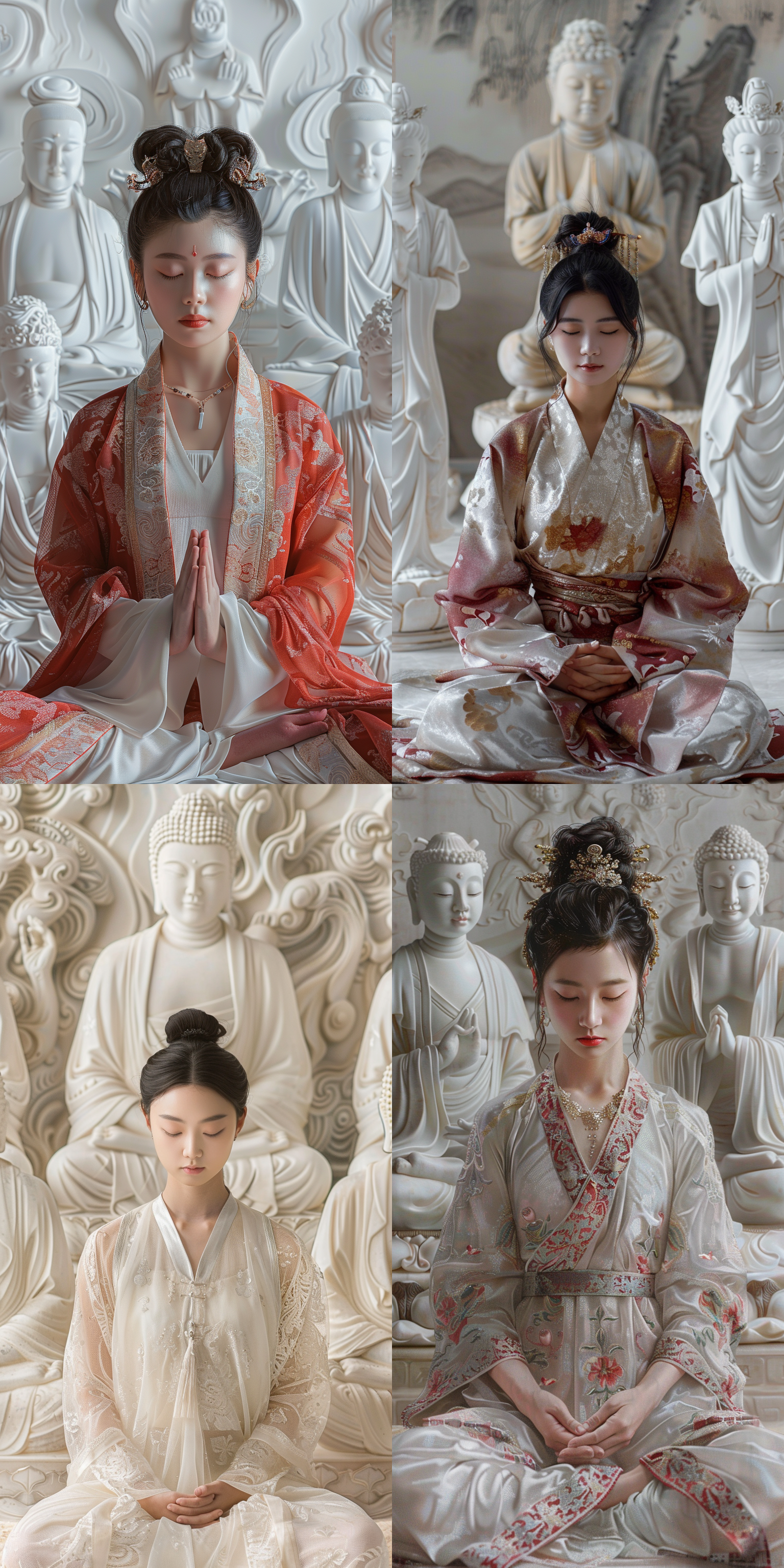 a chinese girl meditates, exuding grace and dignity, adorned in tang dynasty attire, amidst white buddhist statues against a plain backdrop. captured in 32k resolution, the image boasts ultra-high definition, showcasing realistic details in a panoramic view. every aspect is meticulously portrayed, from the clarity of textures to the subtle nuances of her poised posture and gently closed eyes.,,in clothes