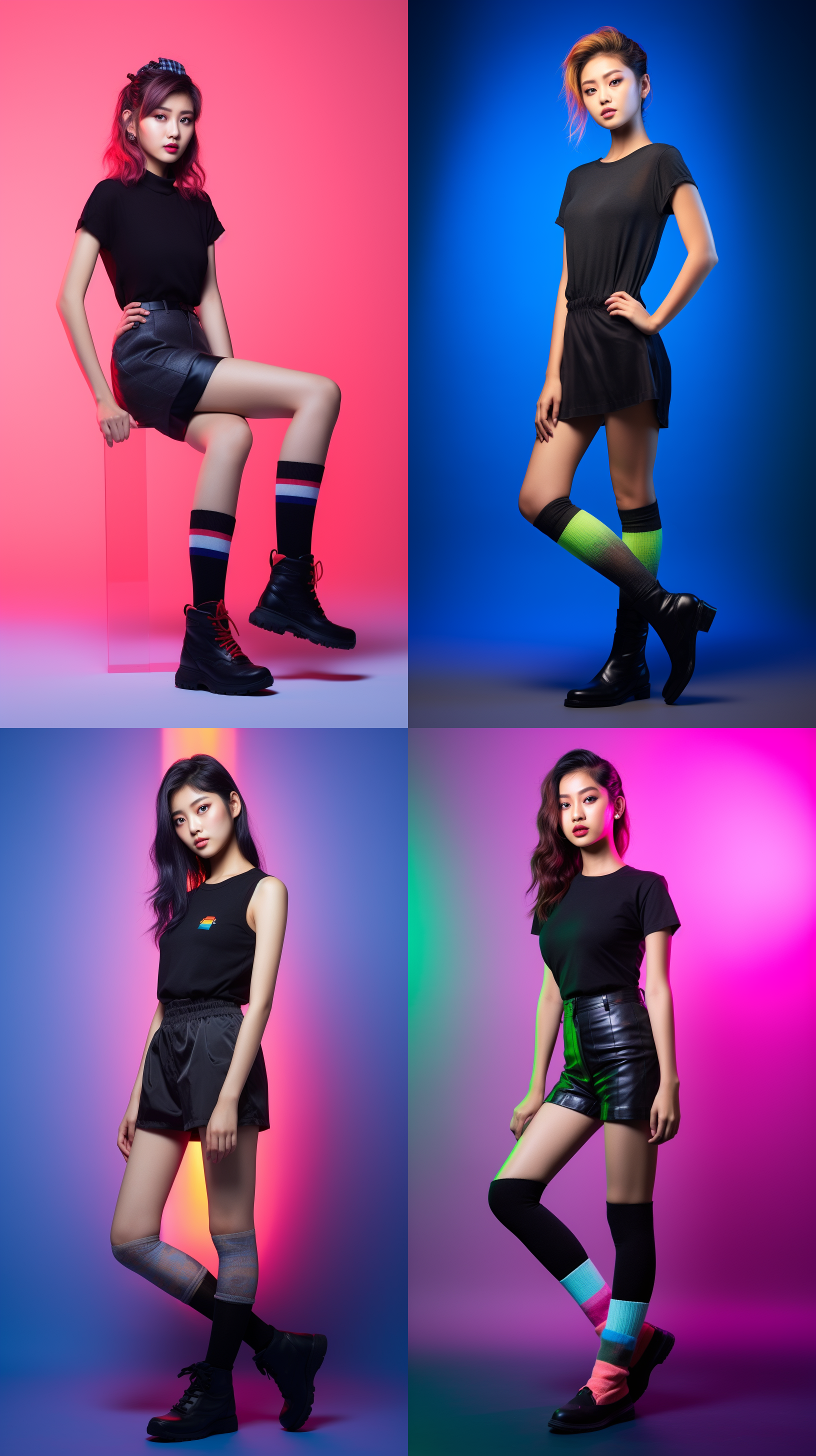 女式穿着黑色打底袜站在摄影棚内，纯色背景，光线明亮，时装摄影，活泼，模特站姿，东方女性，清爽，高清摄影，小背心