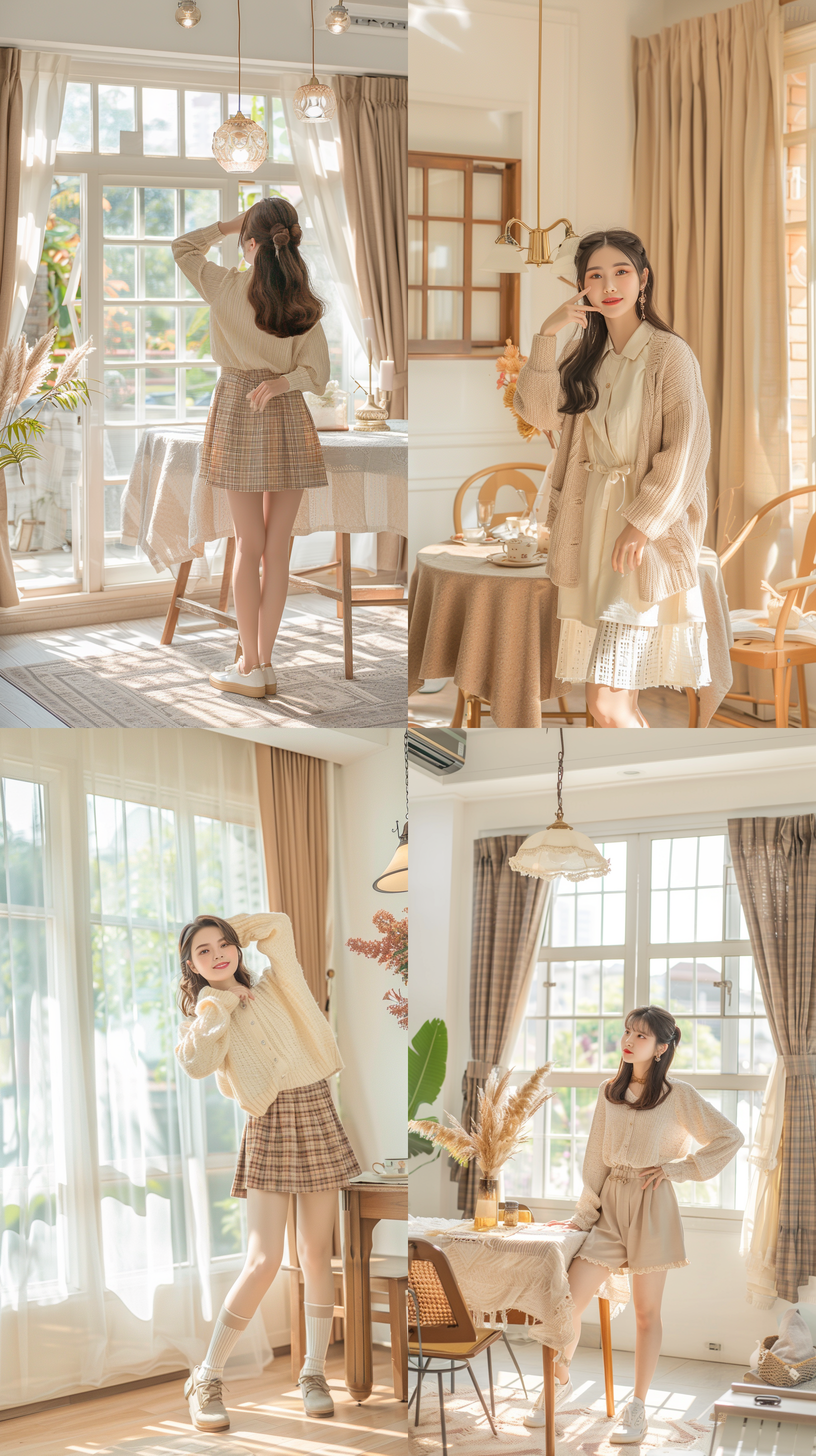 20岁女性，站在餐桌边，在温馨的家中，光线充足，阳光，清新，家居服，高清拍摄，写实风格，全身照，短裤