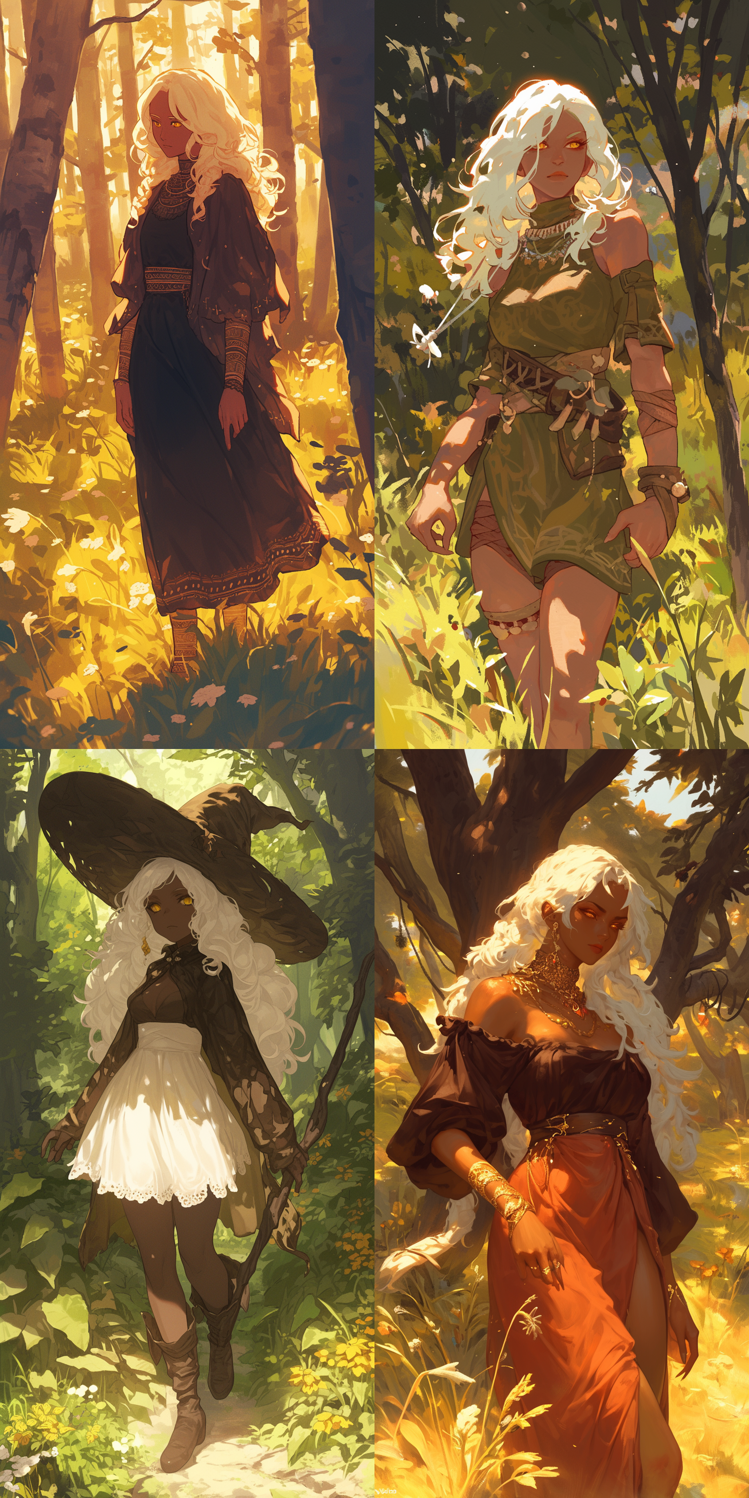 森林中独自行走的魔女，深褐色皮肤，白色头发和眼睫毛，金色瞳孔，神秘感